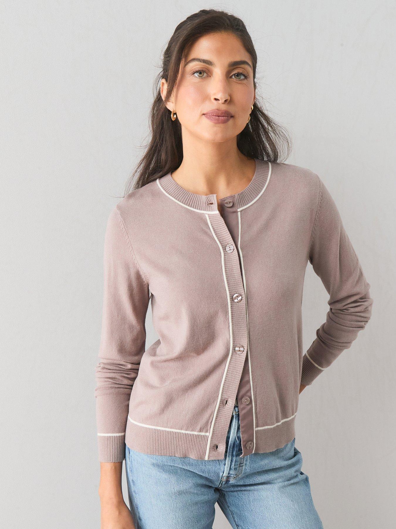 The Very Collection Classic Comfort Crew Neck Cardigan With Tipping - Brown