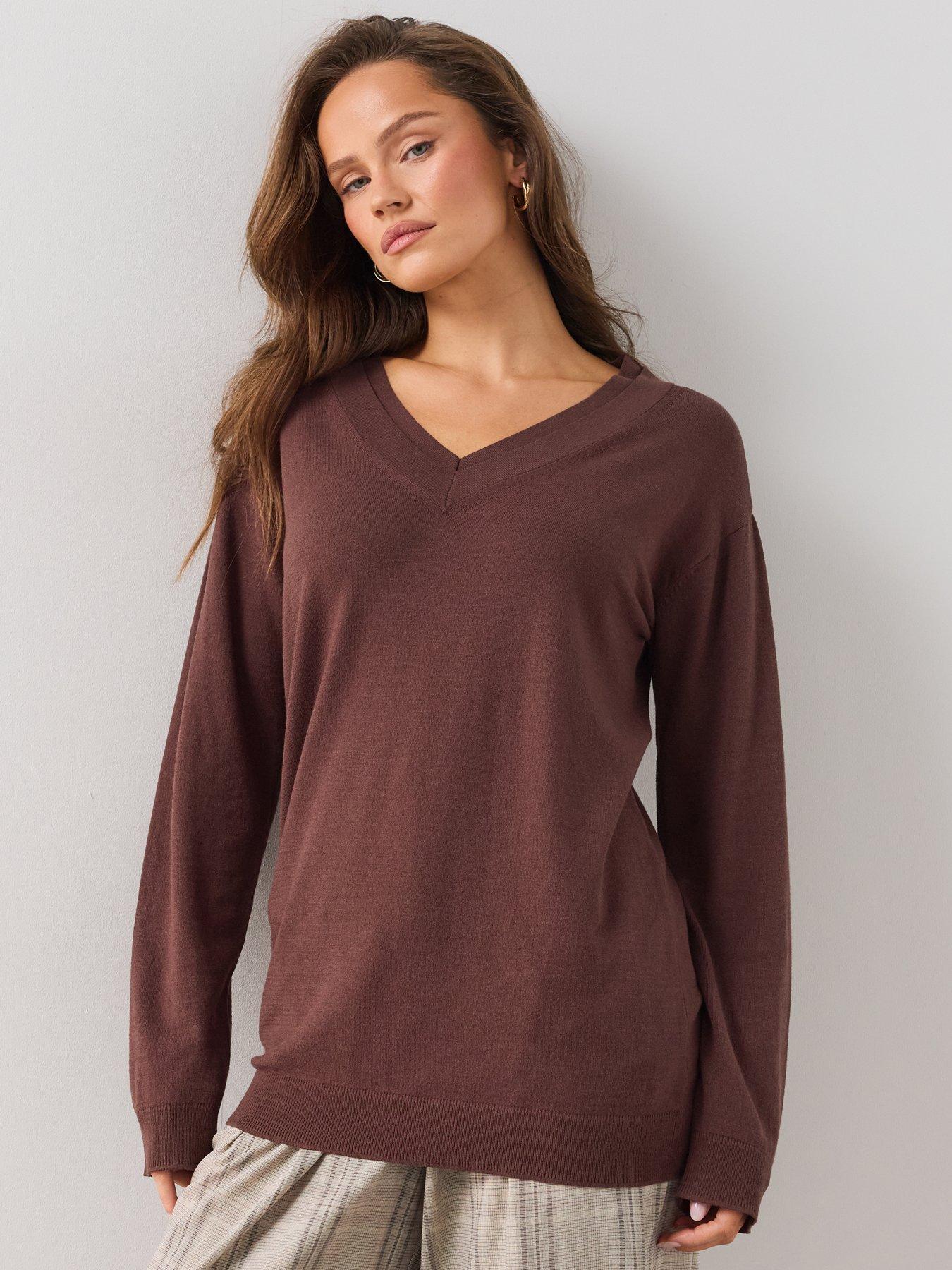 The Very Collection Classic Comfort V Neck Longline Jumper - Brown