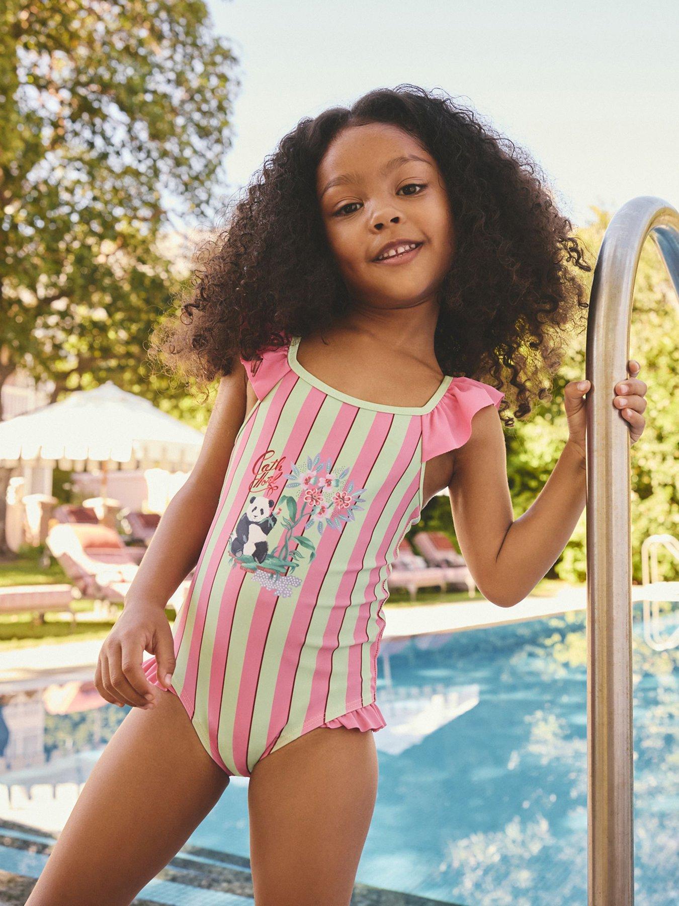 Image 1 of 7 of Cath Kidston Younger Girls Panda Stripe Swimsuit - Pink