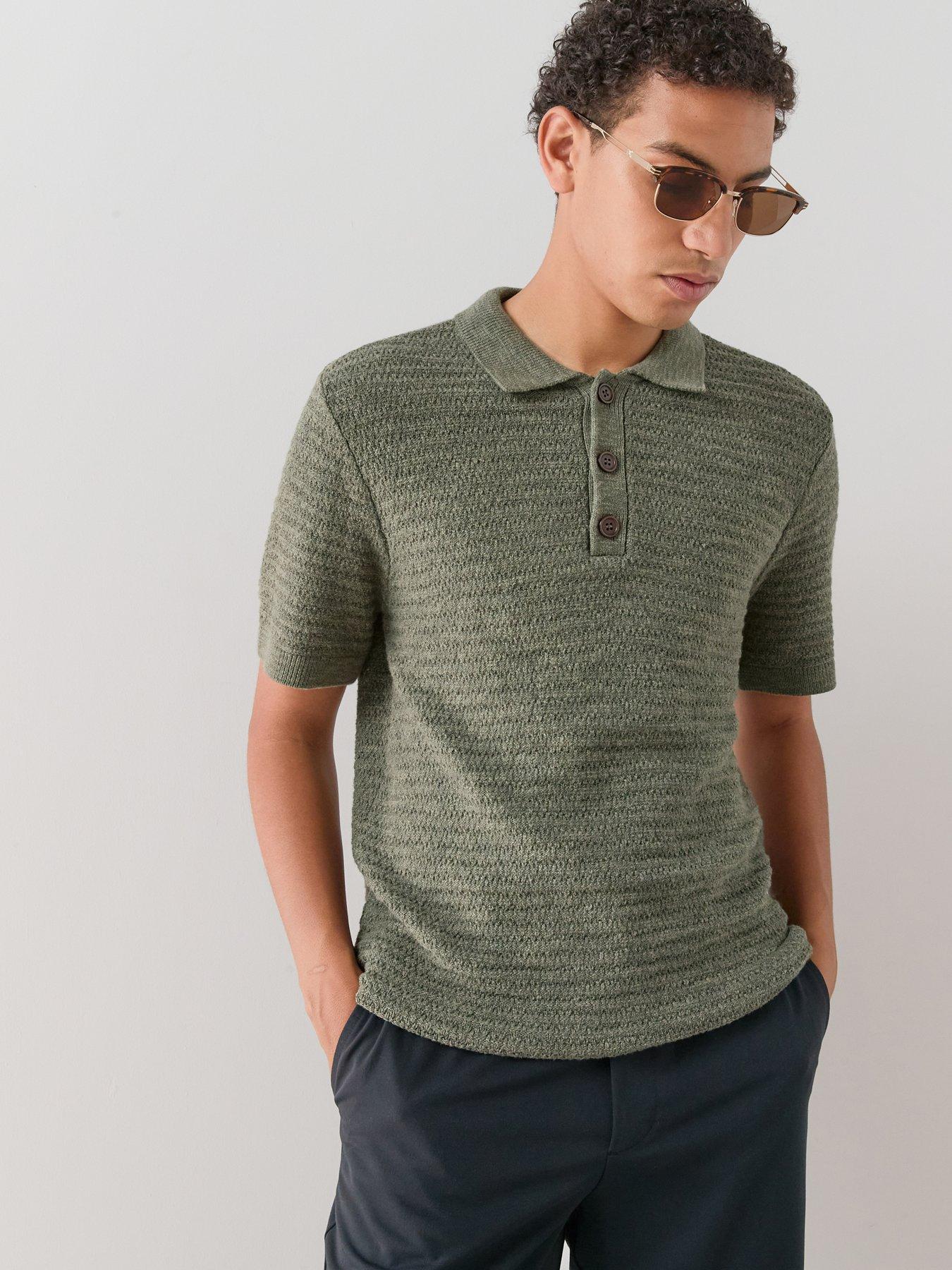 The Very Collection Knitted Textured Polo Shirt With Linen - Khaki
