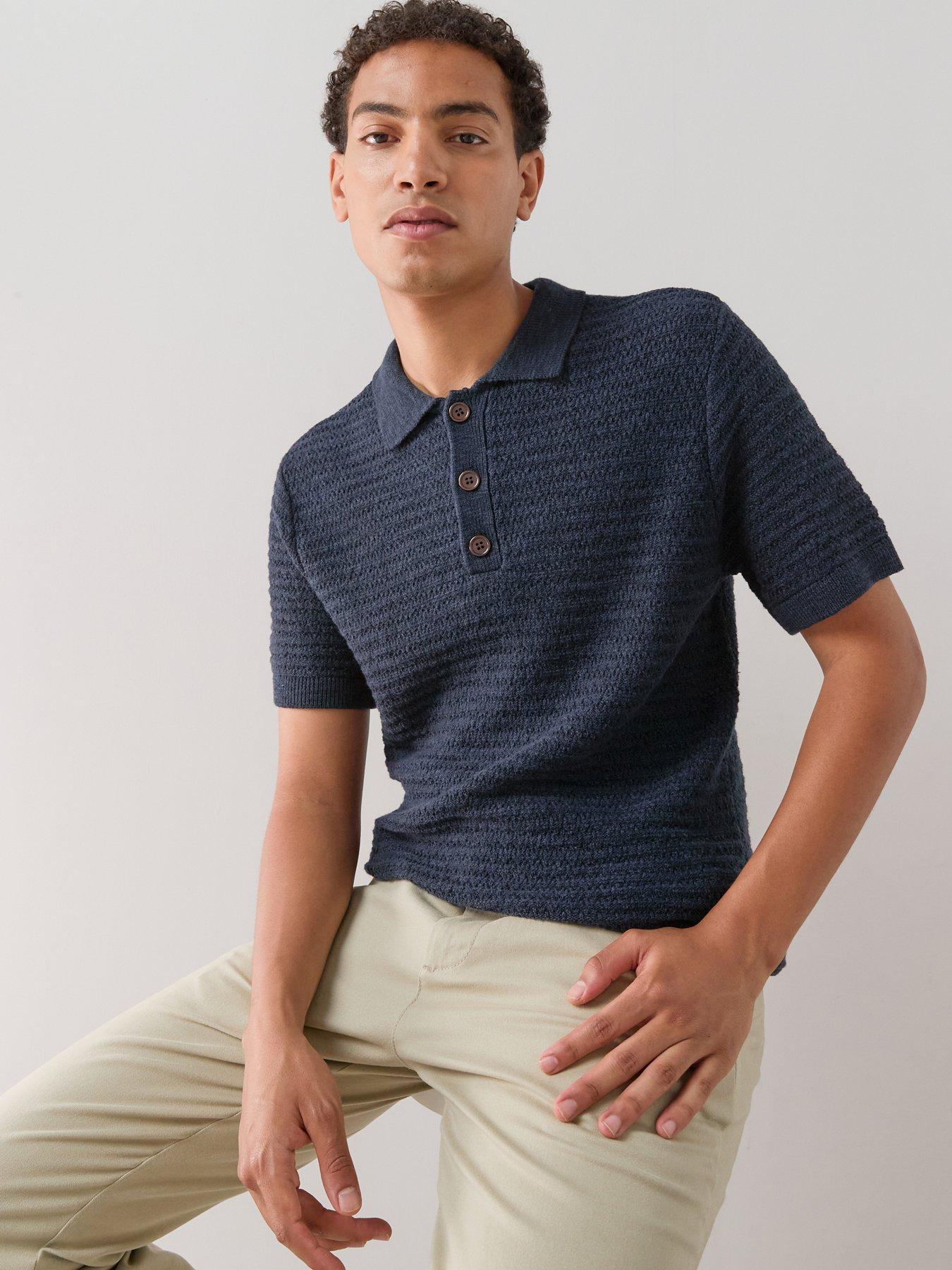 The Very Collection Knitted Textured Polo Shirt With Linen - Navy
