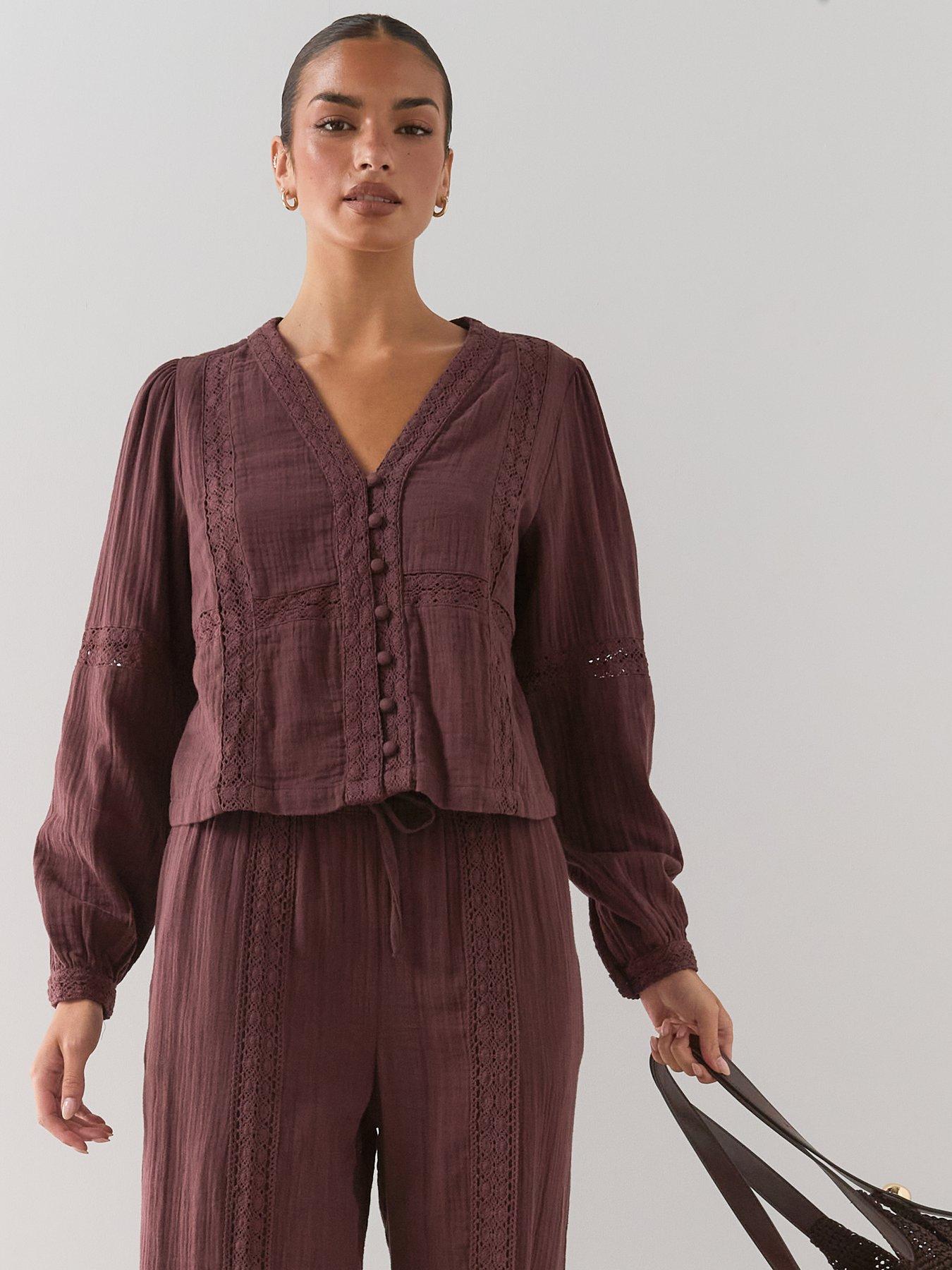 The Very Collection Crinkle V-Neck Button Front Co-Ord Blouse - Brown