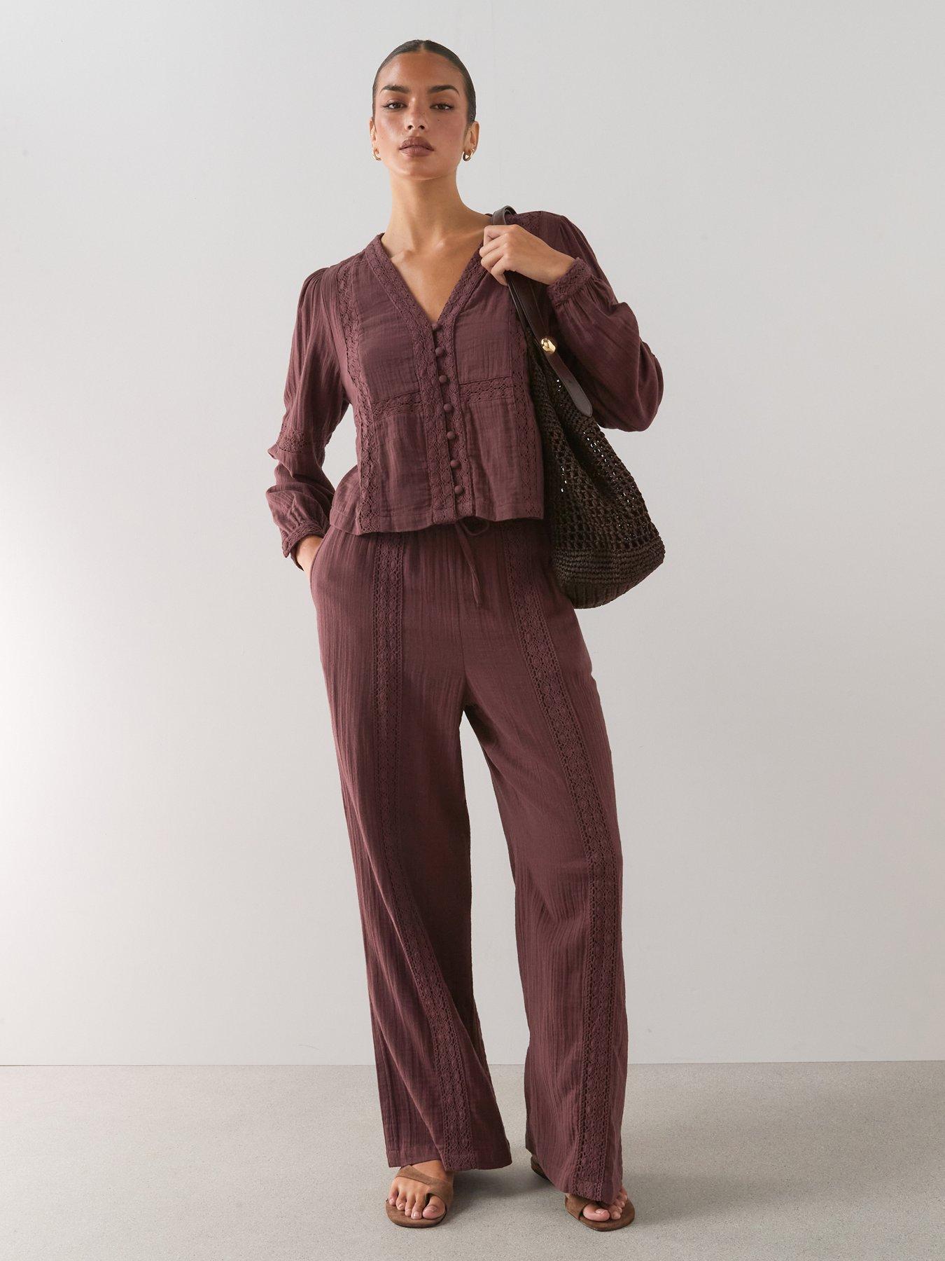 The Very Collection Crinkle Wide Leg Trousers - Brown