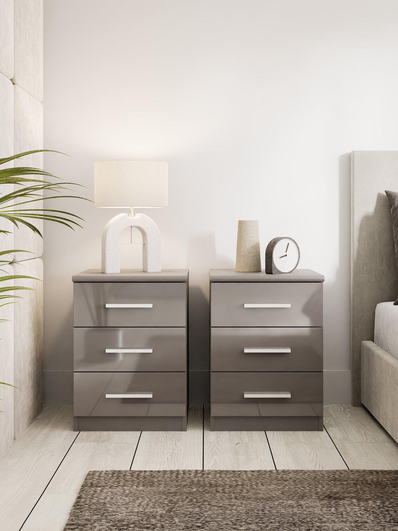 The Very Collection Prague Set of 2 Gloss 3 Drawer Bedside Chests - Grey