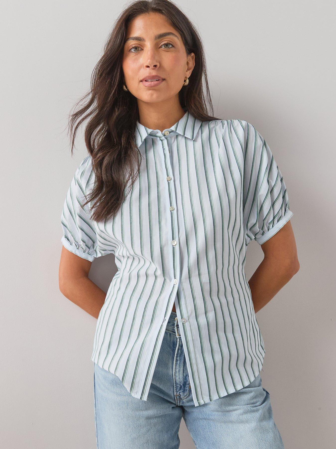 Image 1 of 7 of The Very Collection Stripe Button Up Short Sleeve Shirt - Blue