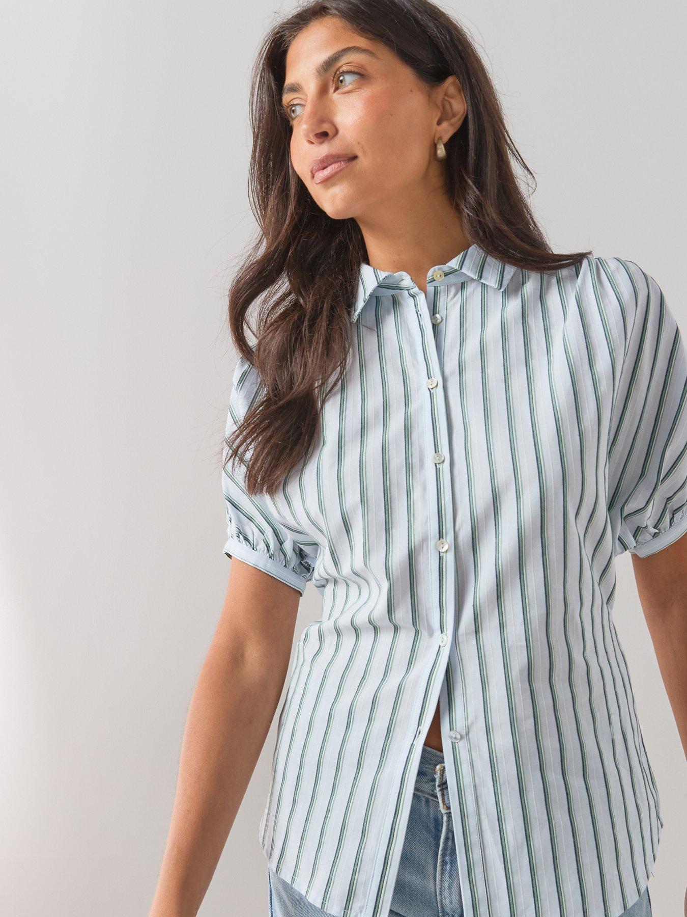 Image 4 of 7 of The Very Collection Stripe Button Up Short Sleeve Shirt - Blue