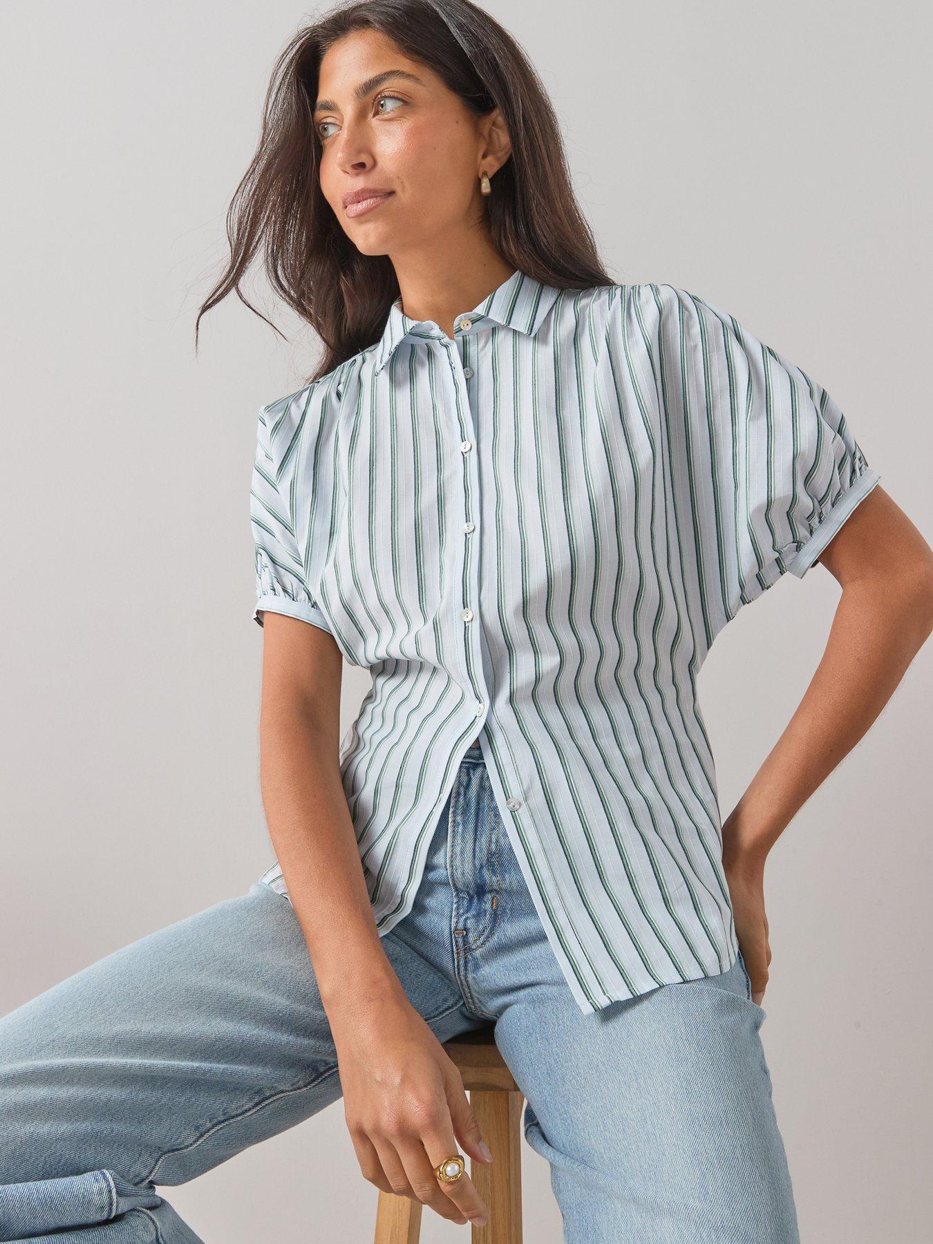 Image 5 of 7 of The Very Collection Stripe Button Up Short Sleeve Shirt - Blue