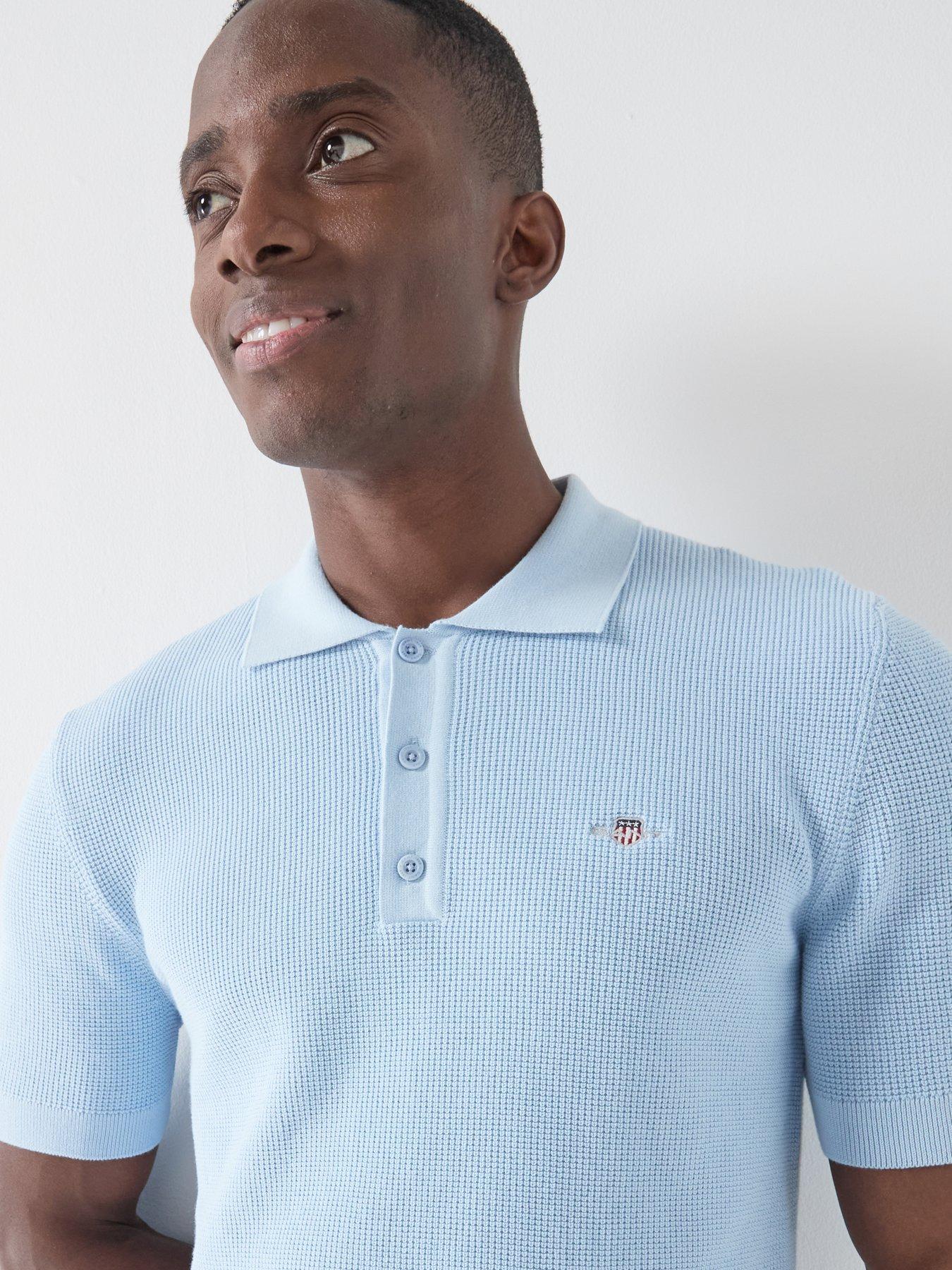 Image 5 of 5 of GANT Micro Textured Cotton Knitted Short Sleeve Polo Shirt - Light Blue