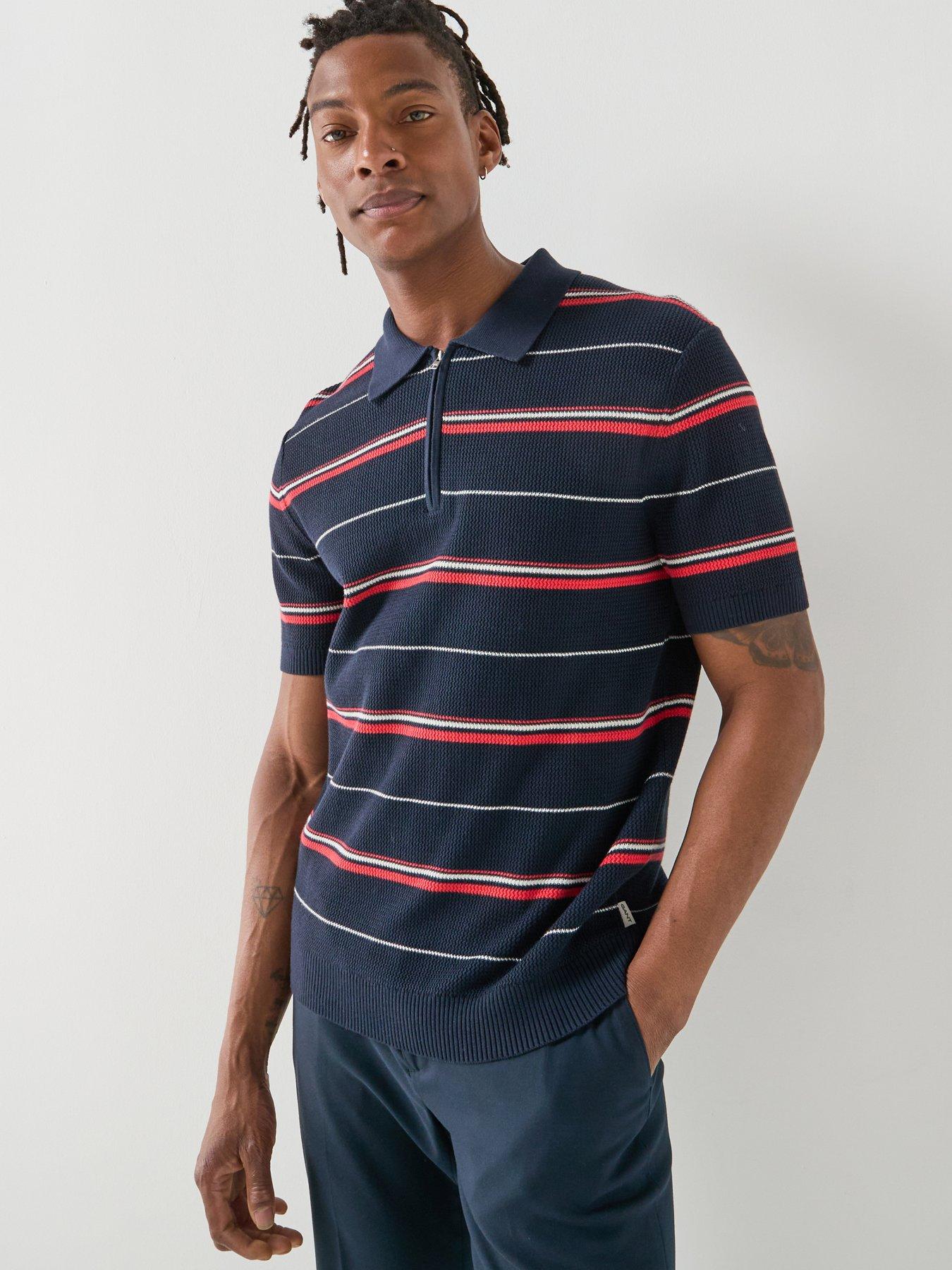 GANT Striped Textured Zip Knitted Polo - Navy