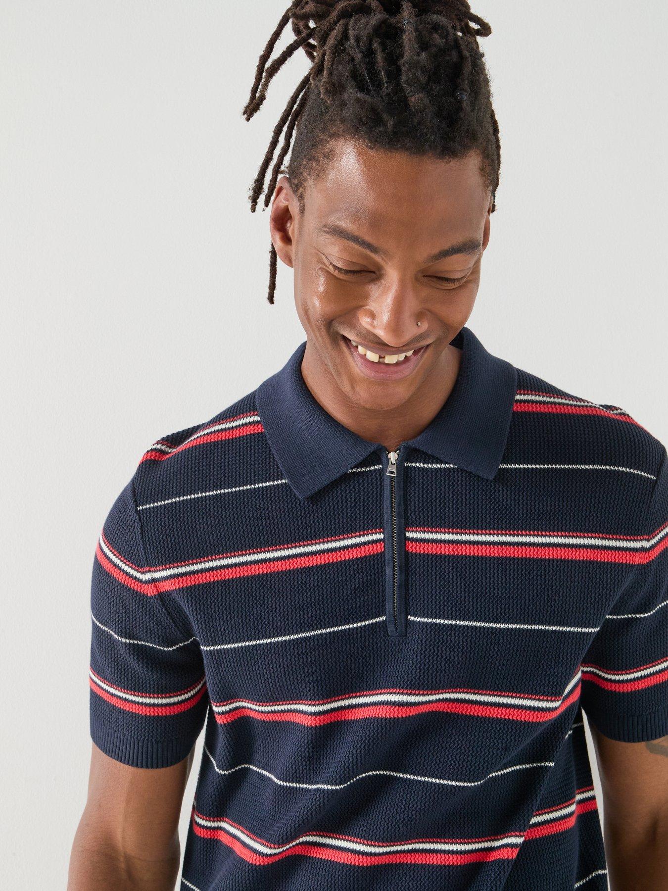  image of gant-striped-textured-zip-knitted-polo-navy