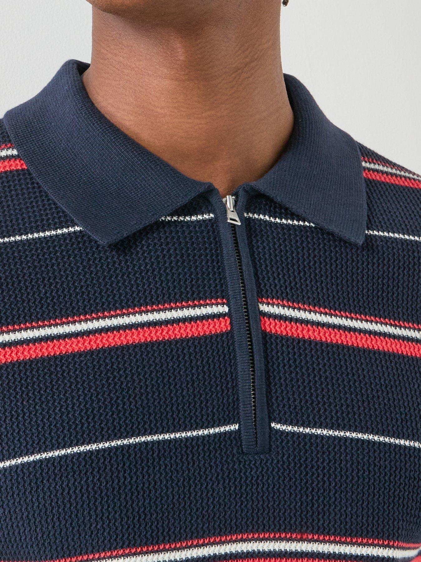  image of gant-striped-textured-zip-knitted-polo-navy