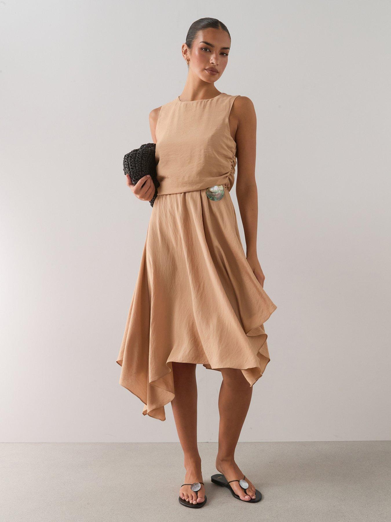 Image 1 of 7 of The Very Collection Belted Detail Asymmetric Hem Midi Dress - Camel