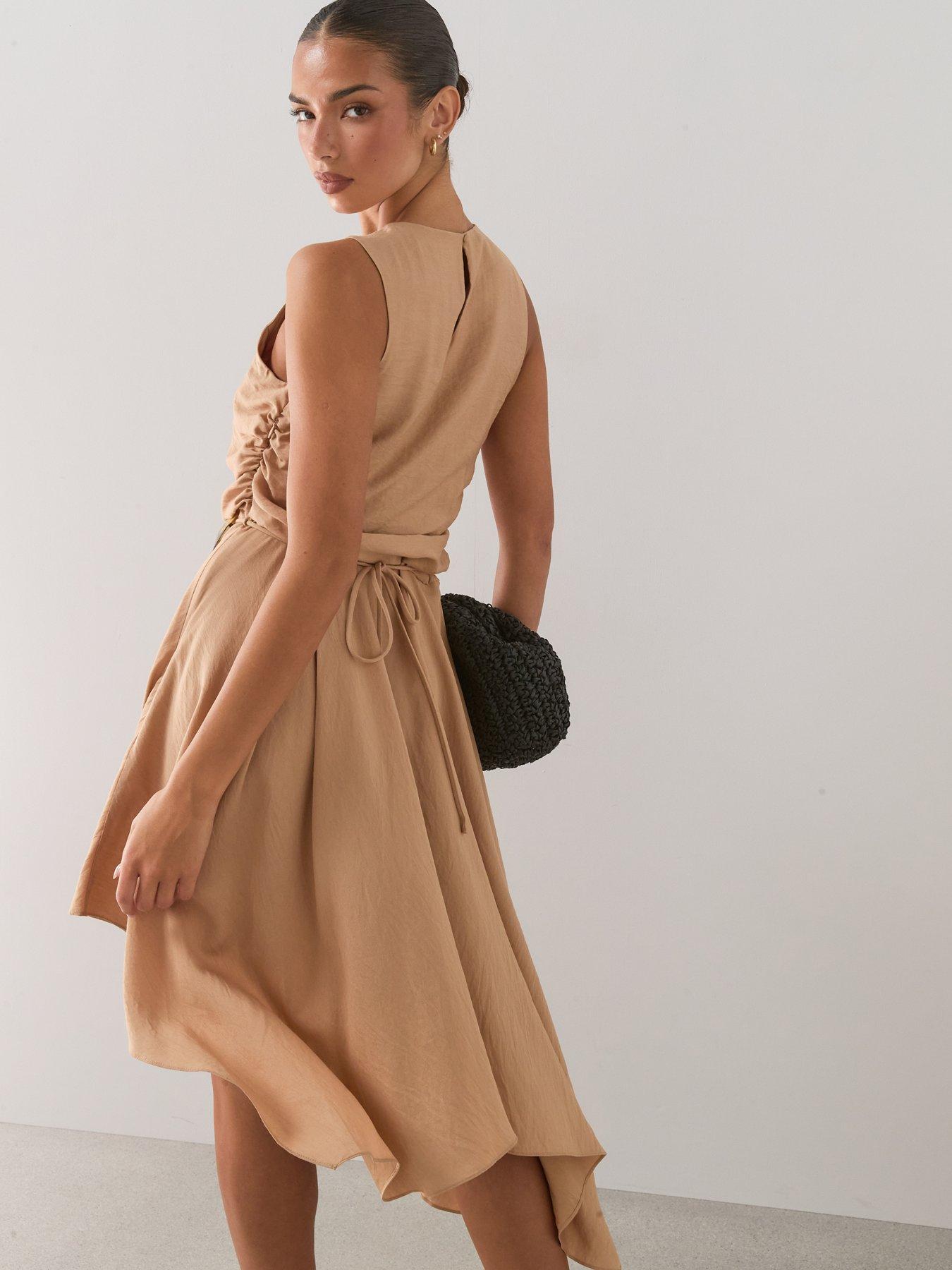 Image 2 of 7 of The Very Collection Belted Detail Asymmetric Hem Midi Dress - Camel