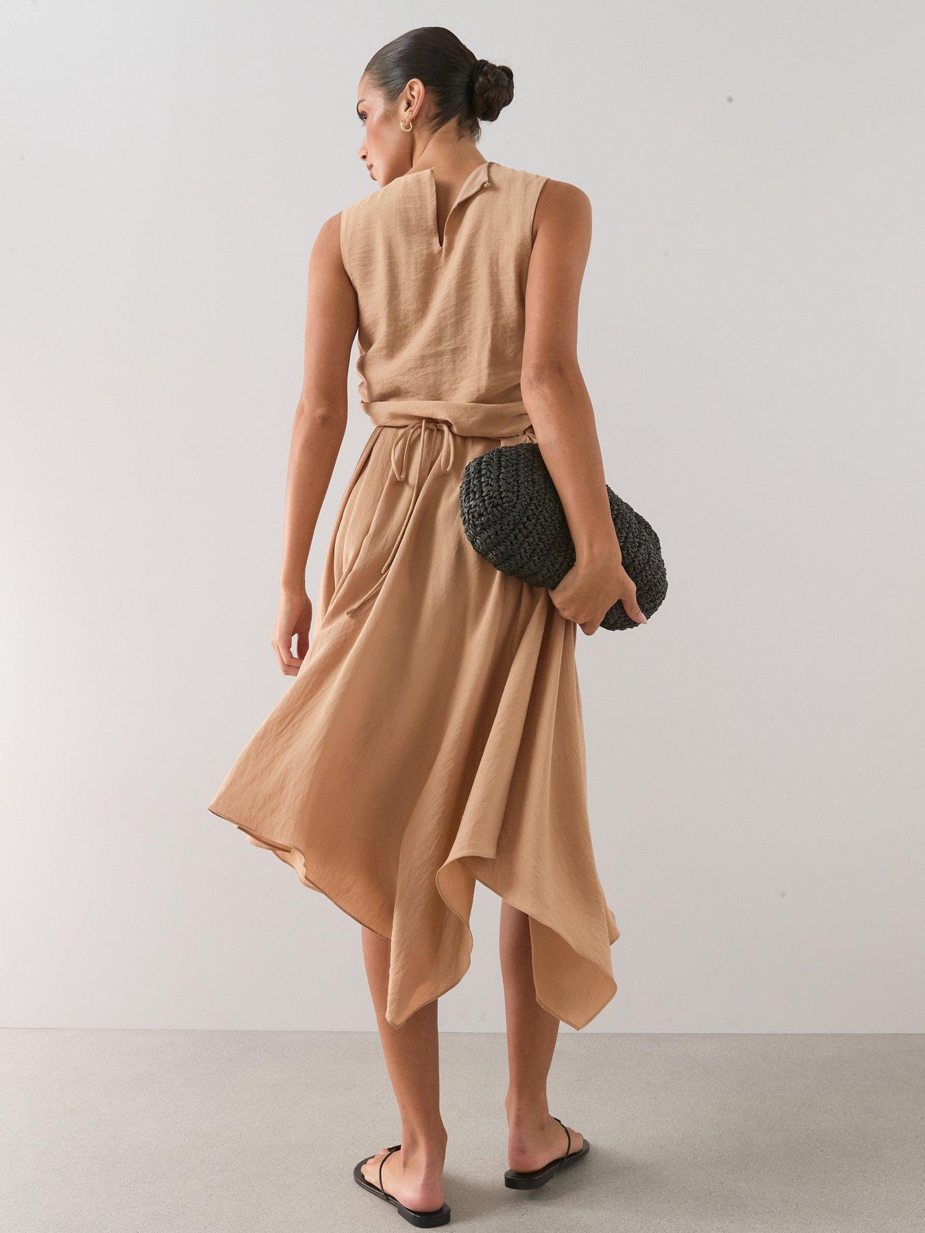 Image 3 of 7 of The Very Collection Belted Detail Asymmetric Hem Midi Dress - Camel
