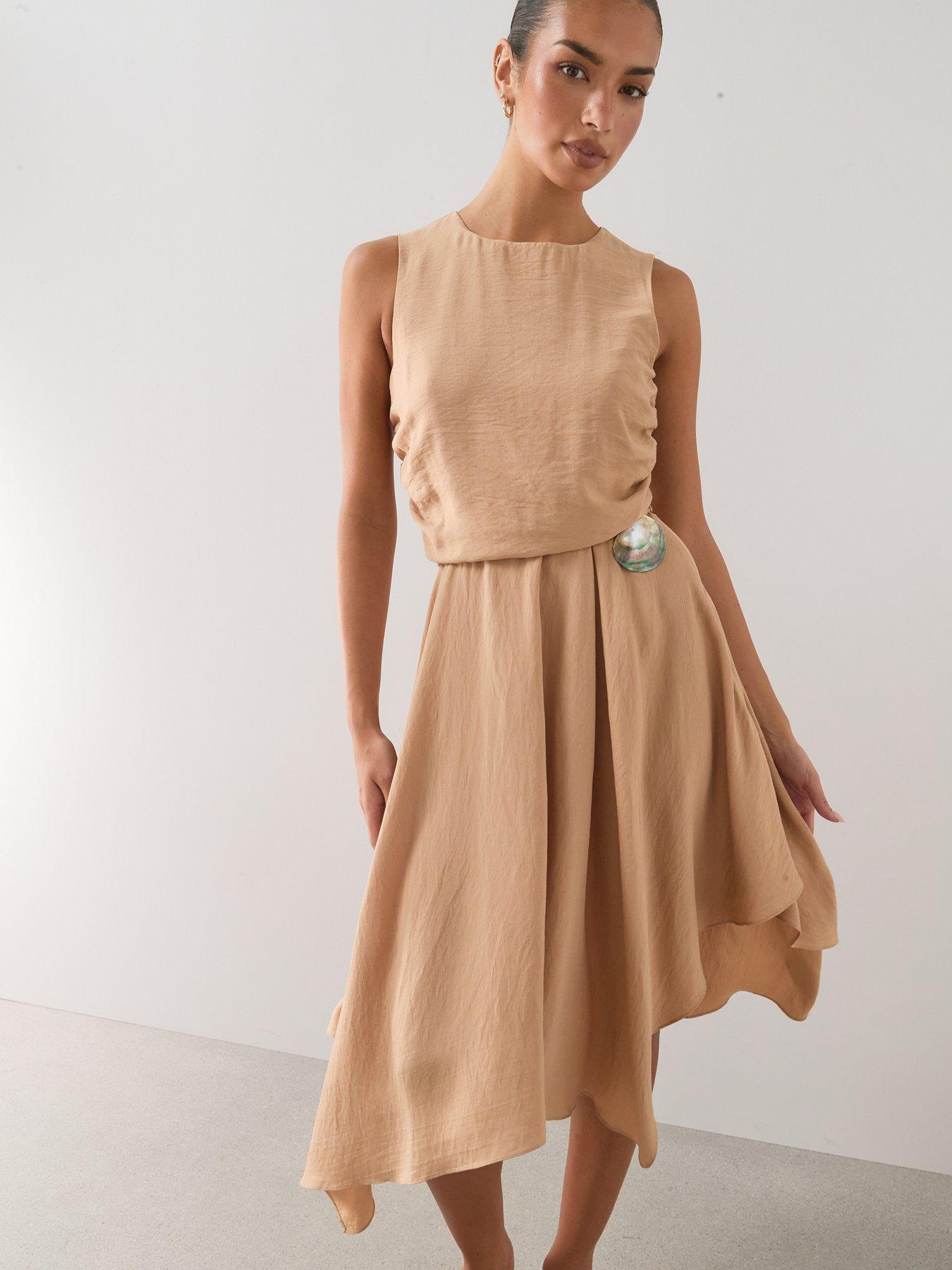 Image 6 of 7 of The Very Collection Belted Detail Asymmetric Hem Midi Dress - Camel