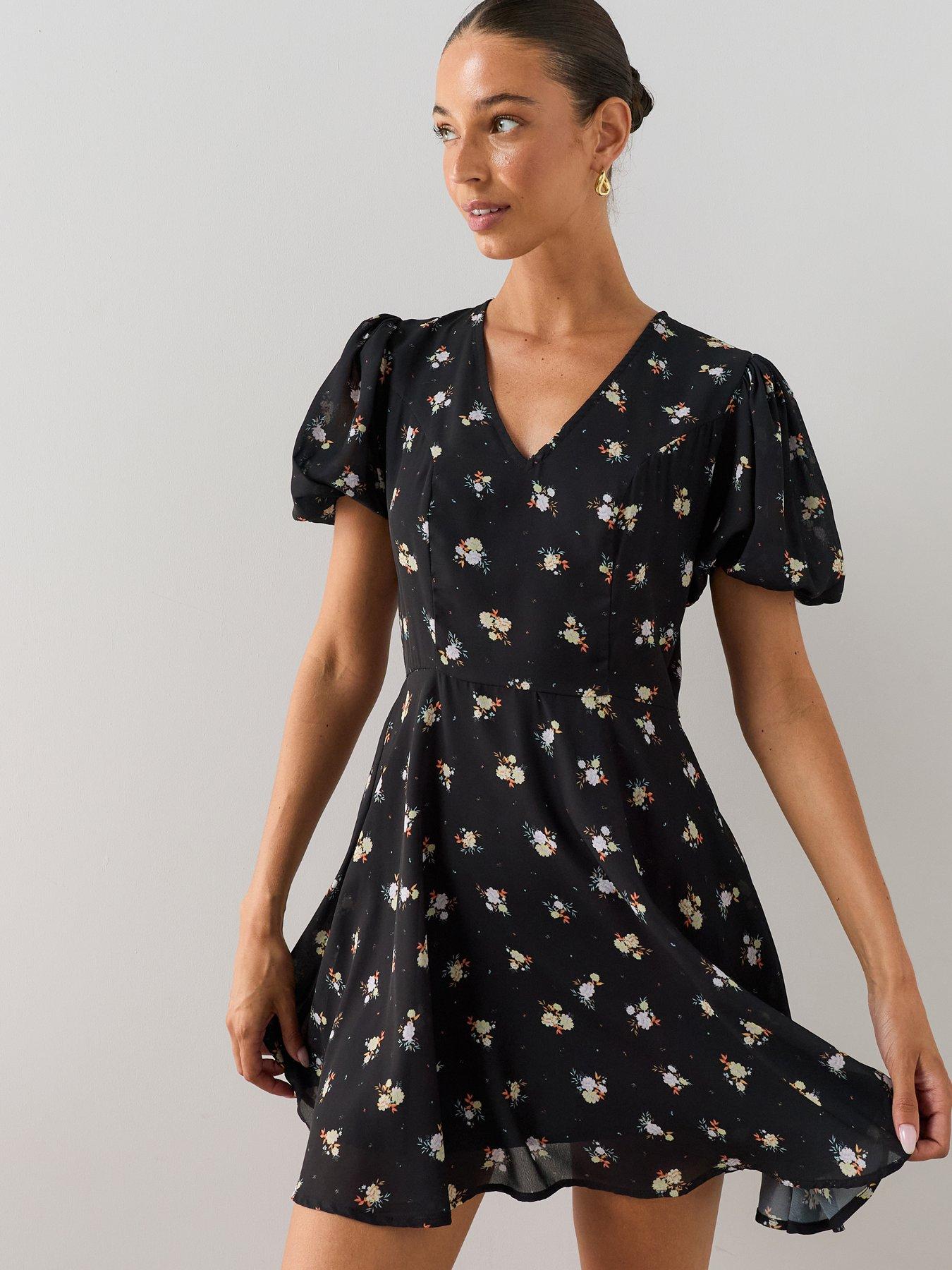 The Very Collection Printed Frill Tea Dress - Black