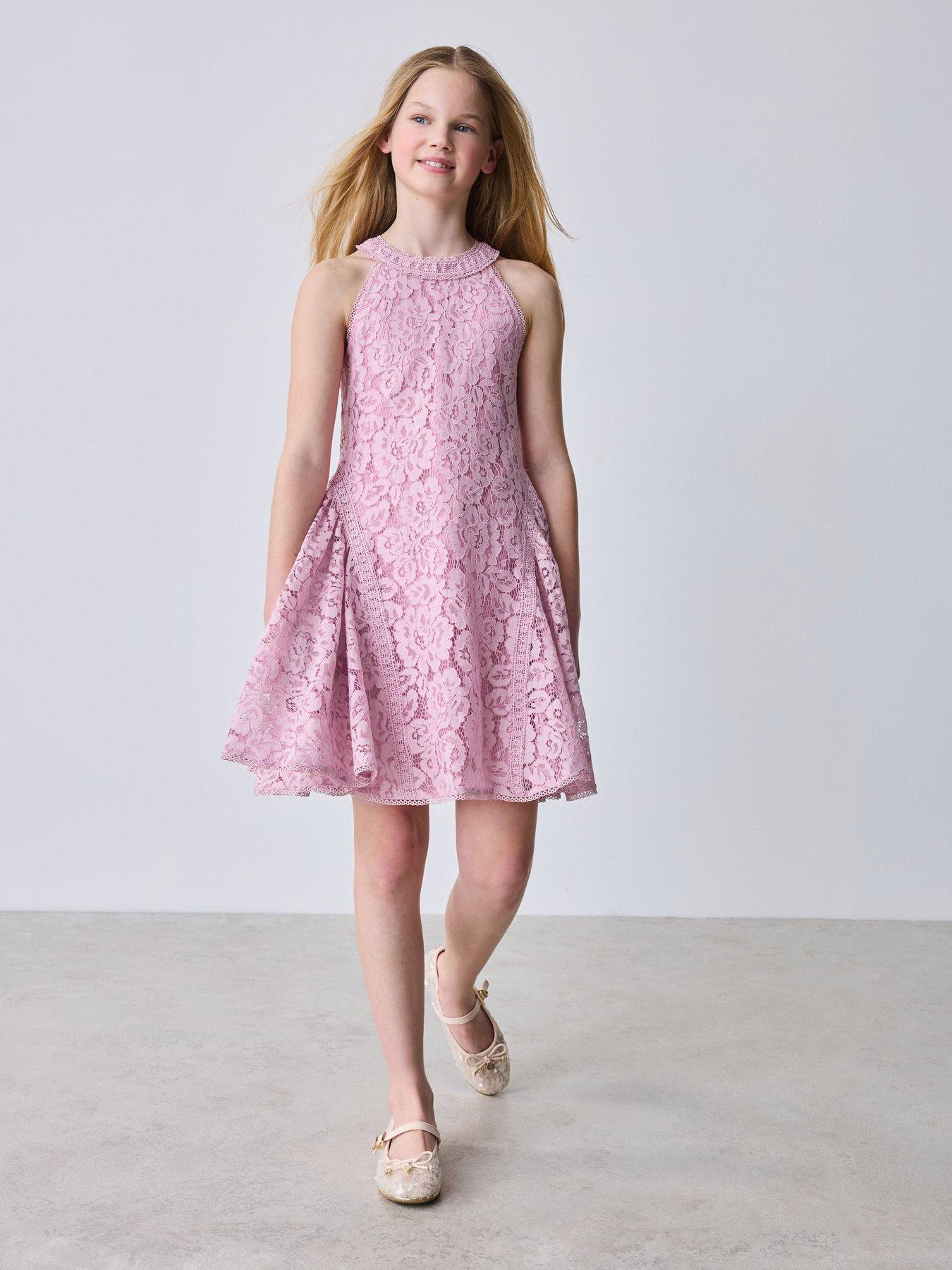 young girl's long brown dress flowers short ruffled sleeves Amelia - Ruffle Short Sleeve Dress