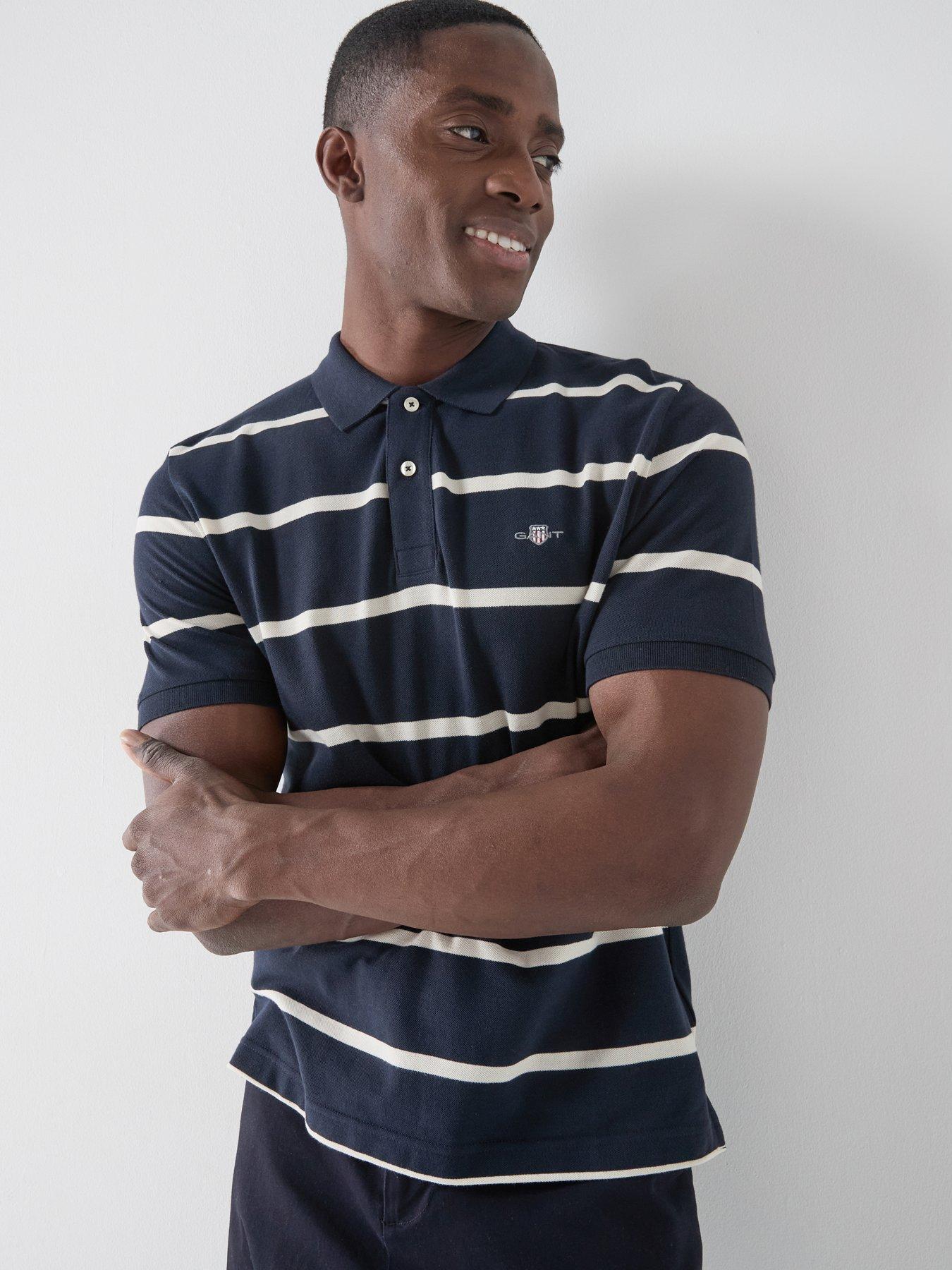 GANT Regular Fit Shield Striped Short Sleeve Polo Shirt - Navy
