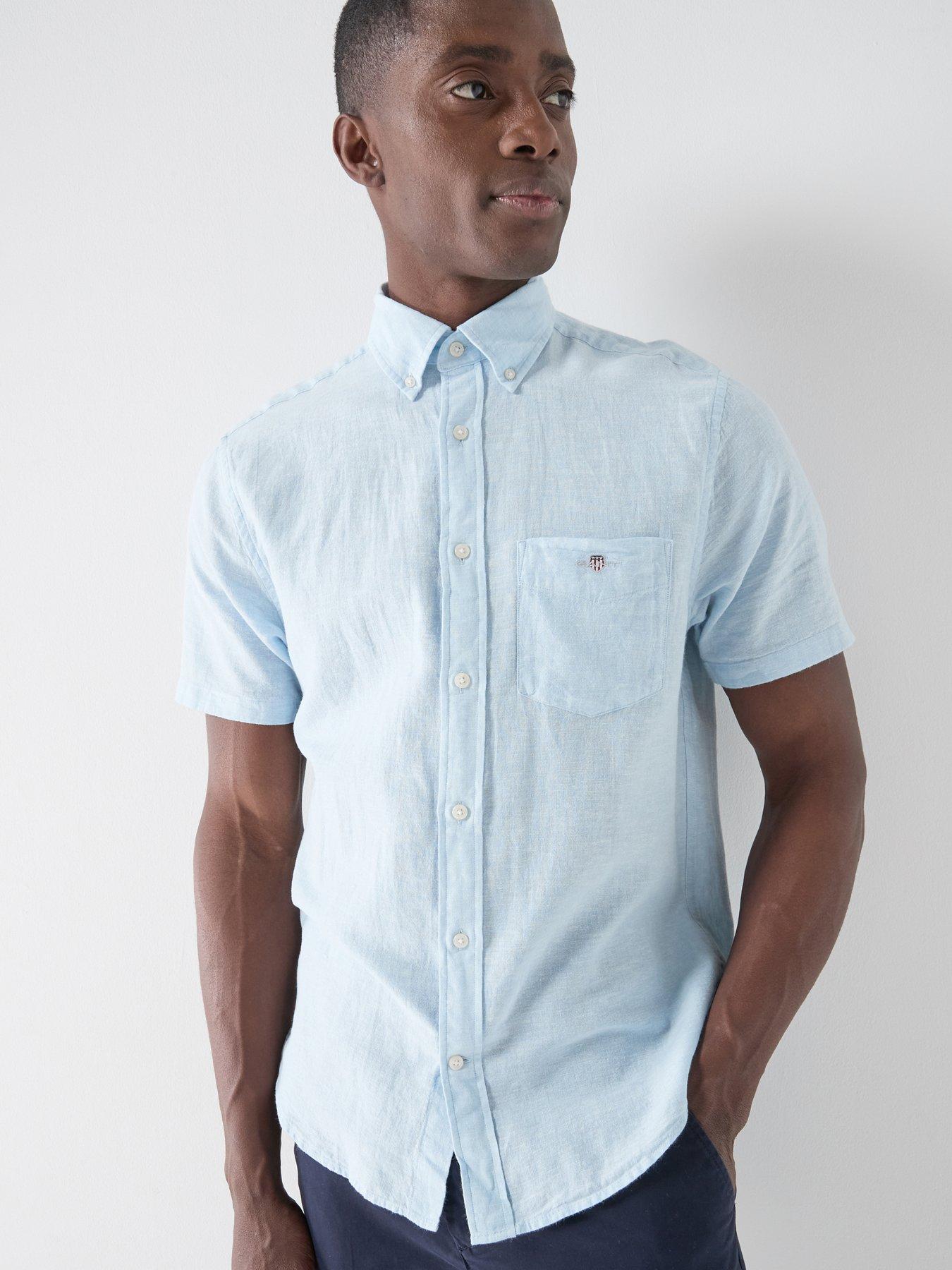 GANT Regular Fit Cotton Linen Blend Short Sleeve Shirt - Light Blue