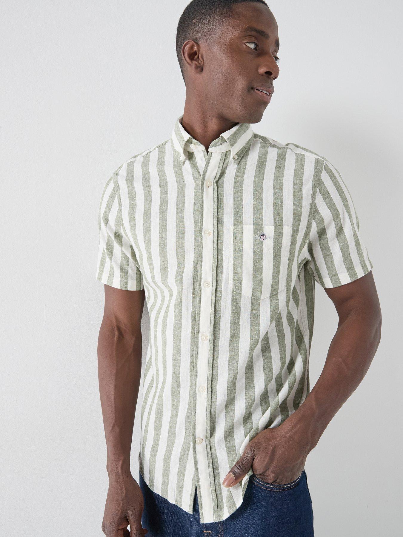 GANT Regular Fit Cotton Linen Blend Striped Short Sleeve Shirt - Green