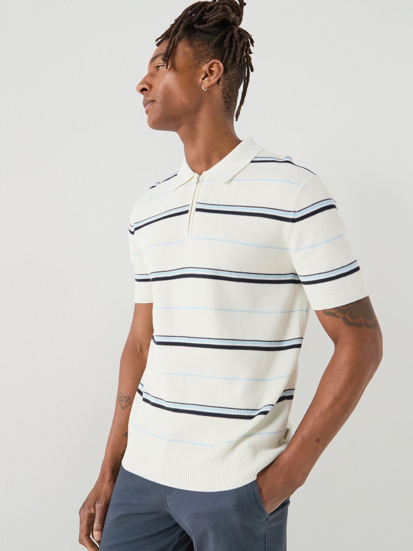 GANT Striped Textured Zip Knitted Polo Shirt - Off White