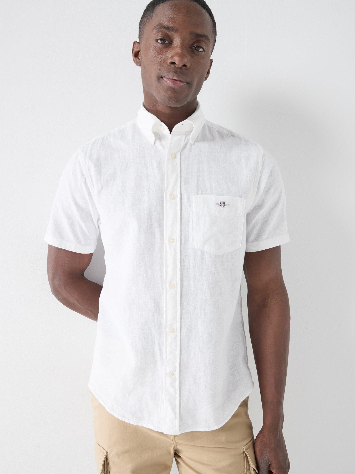 GANT Regular Fit Cotton Linen Blend Short Sleeve Shirt - White
