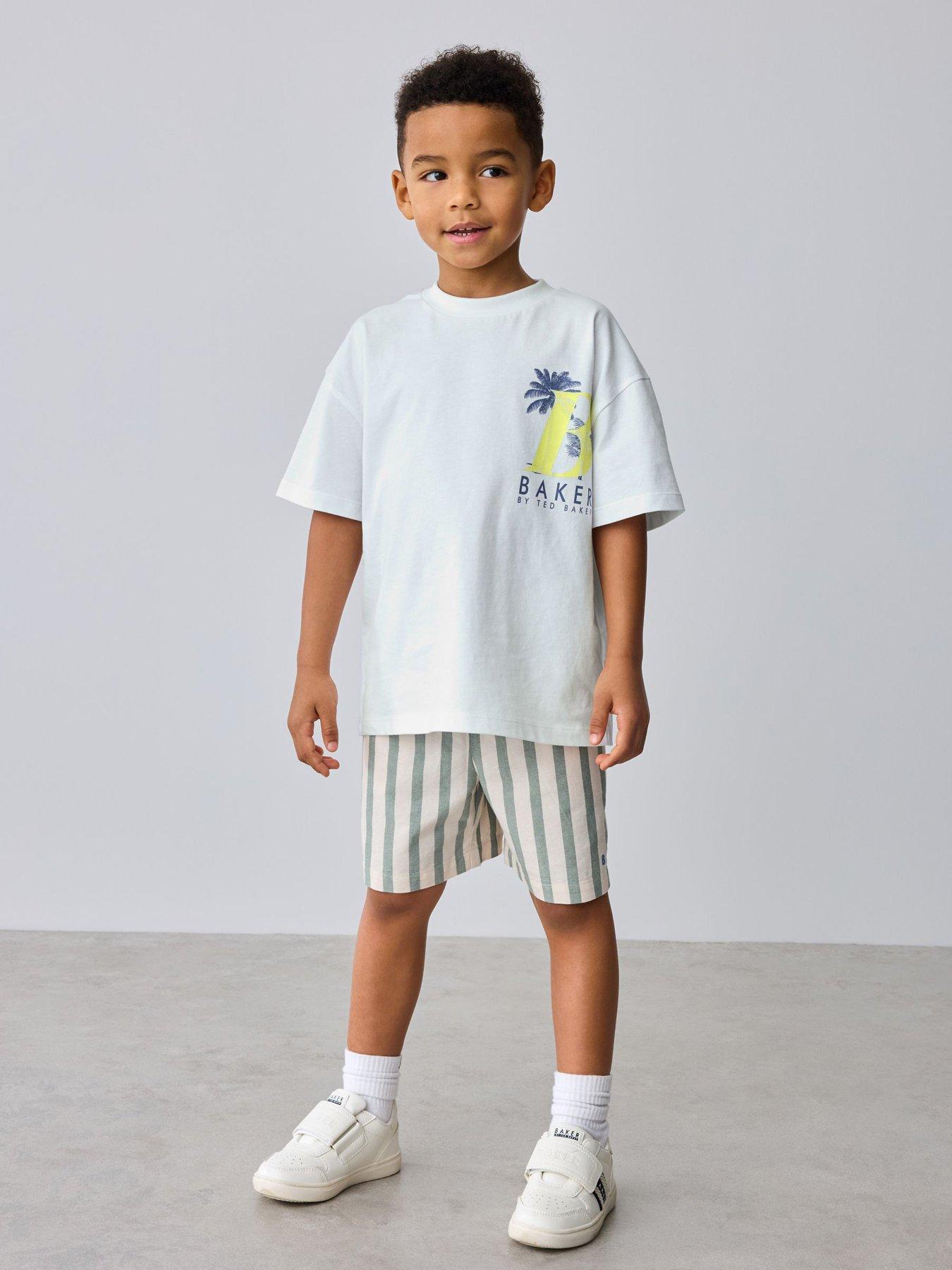 Image 1 of 7 of Ted Baker Boys Short Sleeve T-Shirt &amp; Striped Shorts Set - White