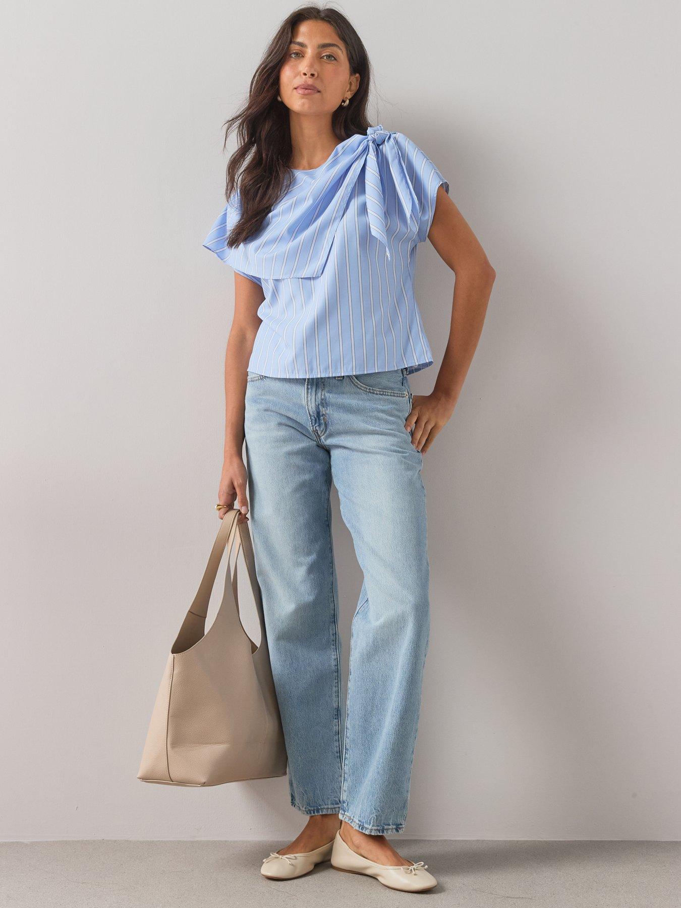 Image 3 of 7 of The Very Collection Striped Scarf Detail Blouse - Blue