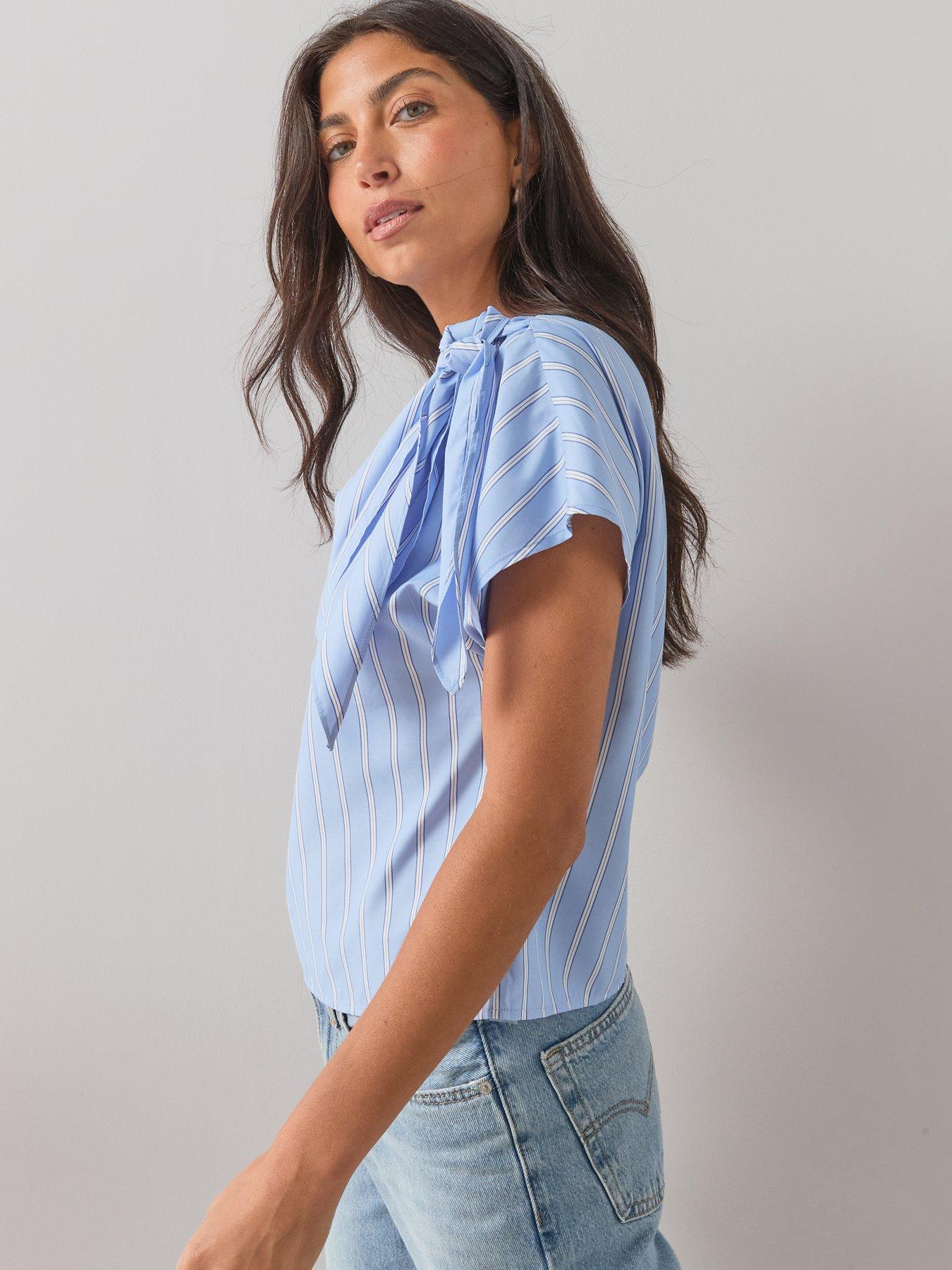 Image 4 of 7 of The Very Collection Striped Scarf Detail Blouse - Blue