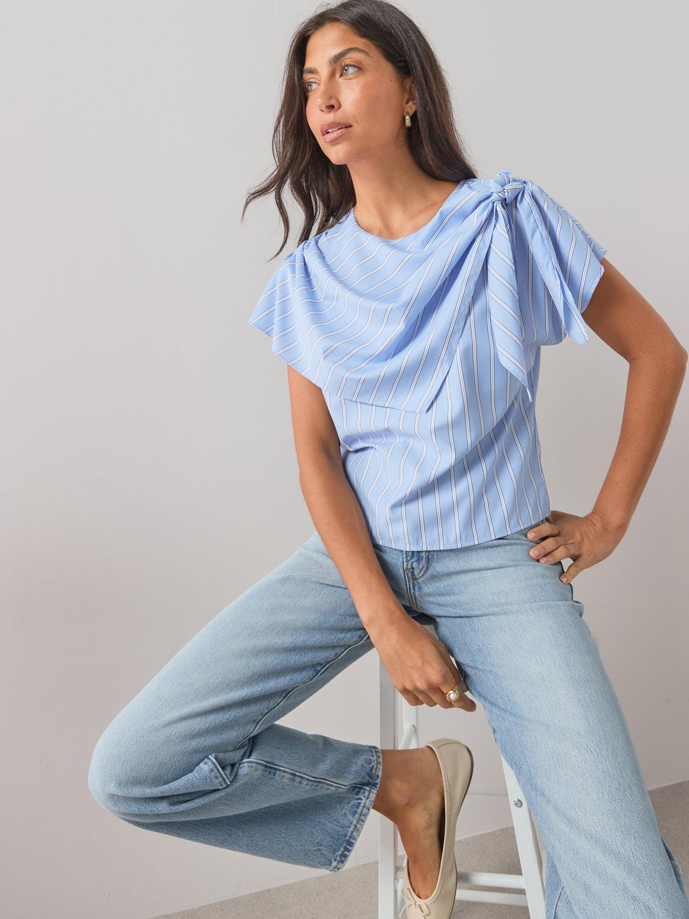 Image 5 of 7 of The Very Collection Striped Scarf Detail Blouse - Blue