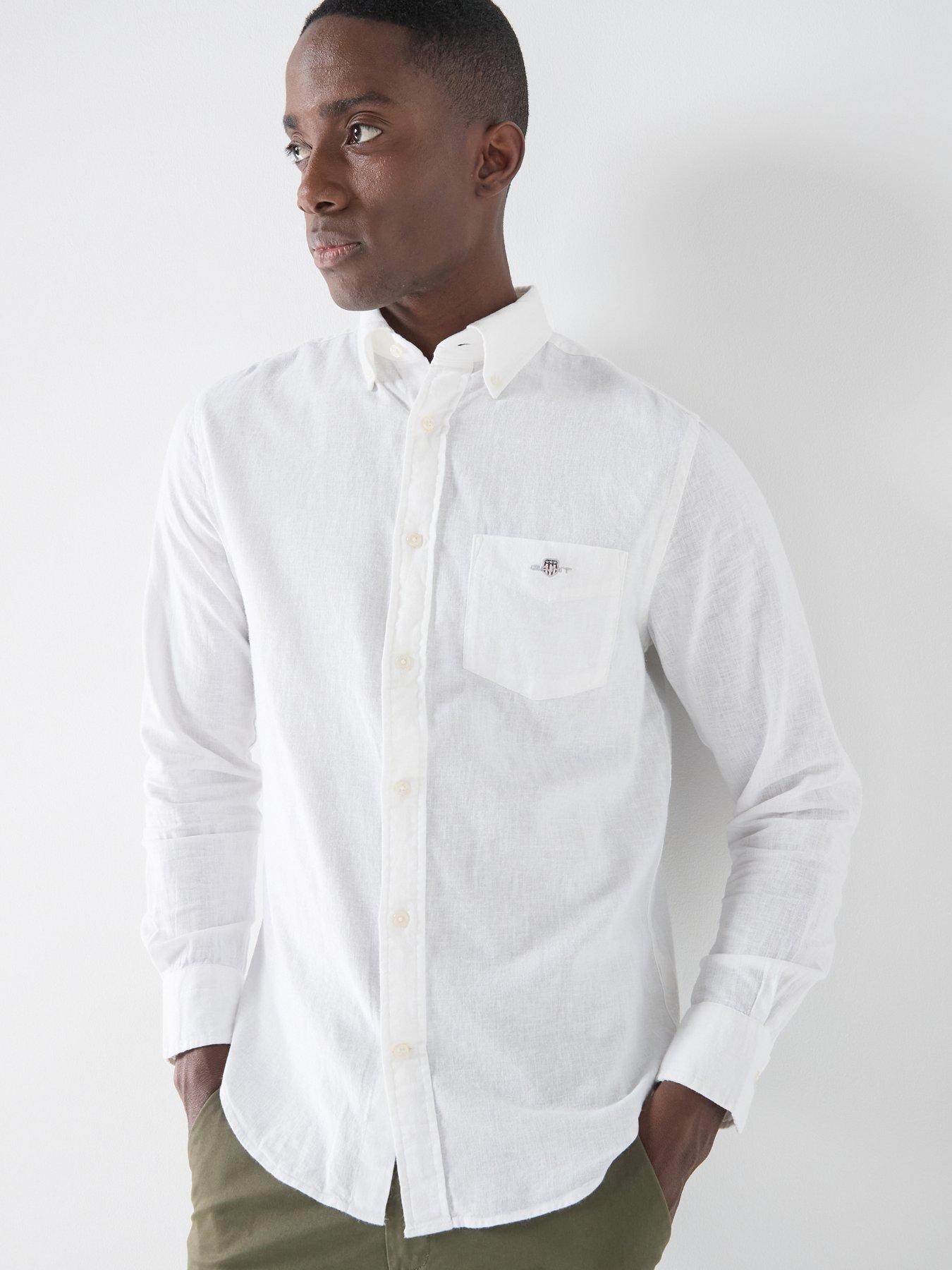 GANT Regular Fit Cotton Linen Long Sleeve Shirt - White