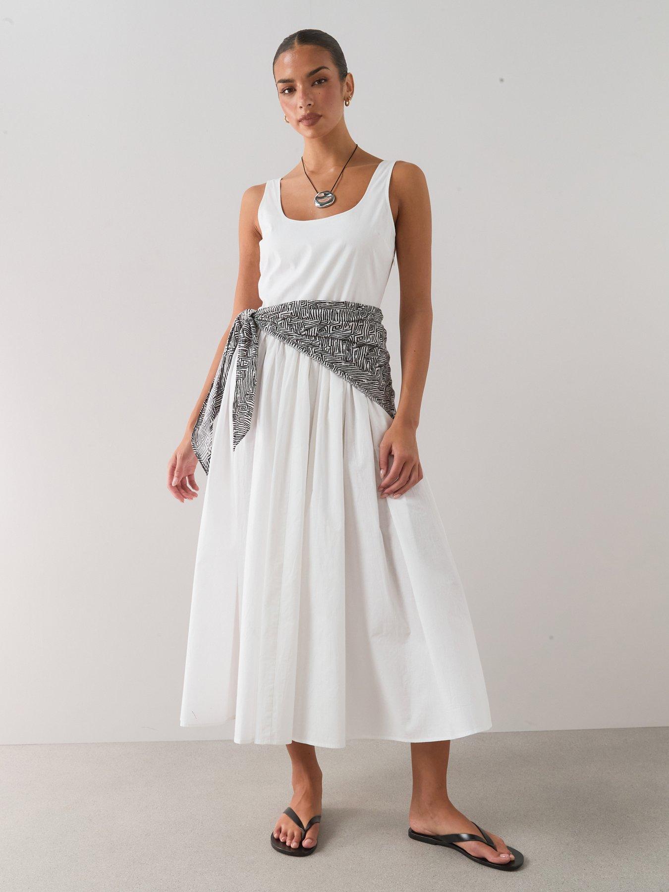 Image 1 of 7 of The Very Collection Detachable Scarf Strappy Midi Dress - White