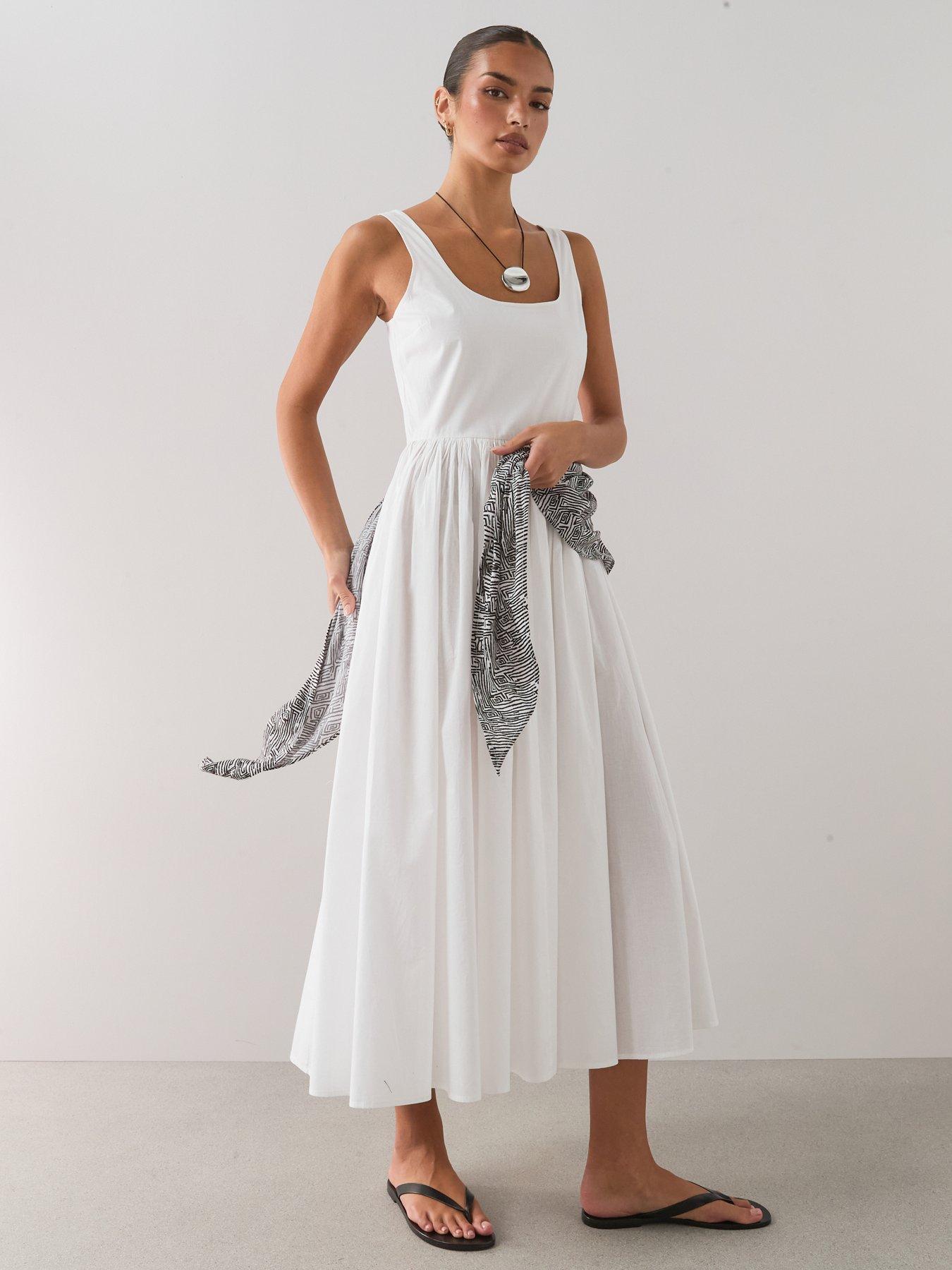 Image 3 of 7 of The Very Collection Detachable Scarf Strappy Midi Dress - White