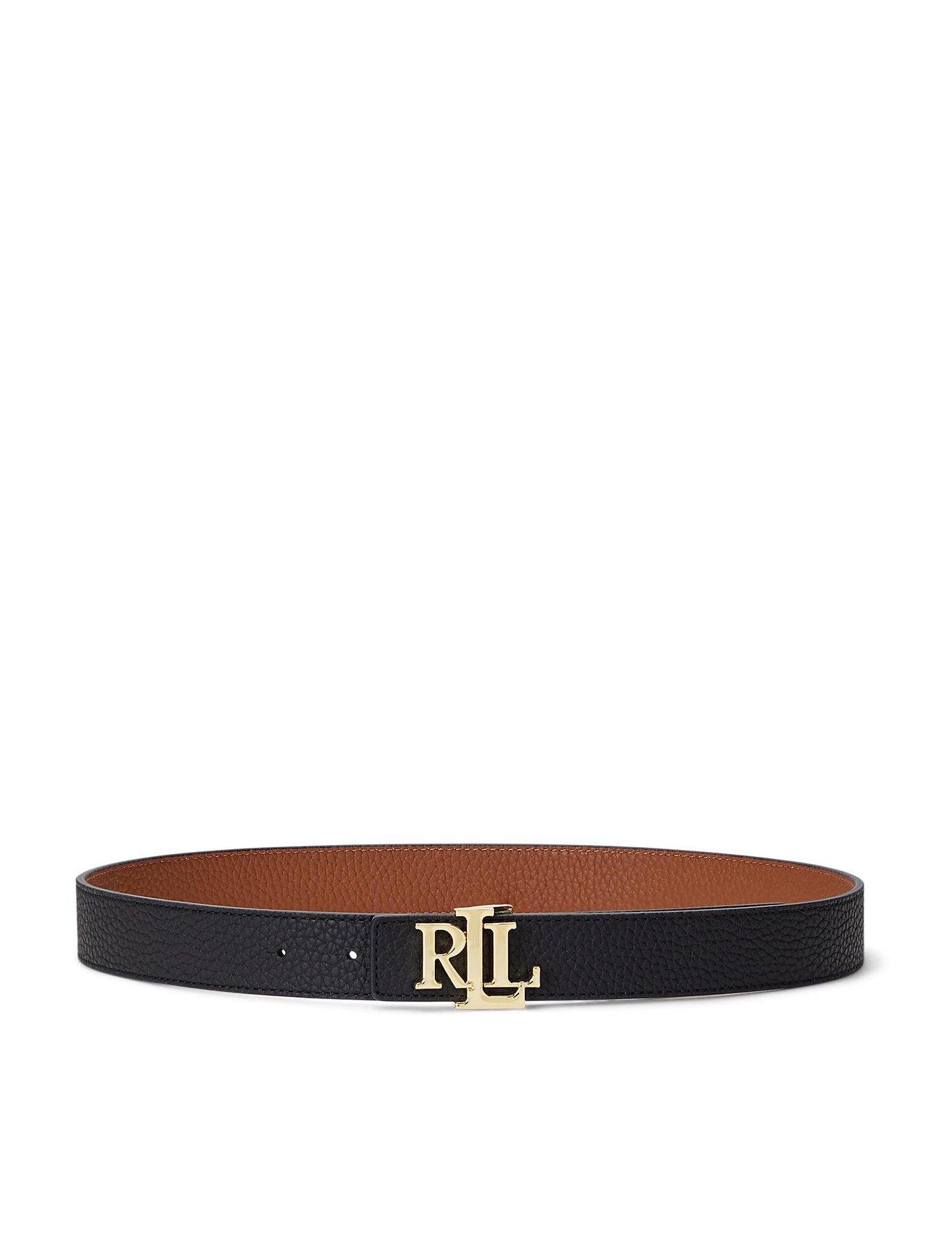 Lauren by Ralph Lauren Logo Reversible Pebbled Leather Belt - Black/Lauren Tan