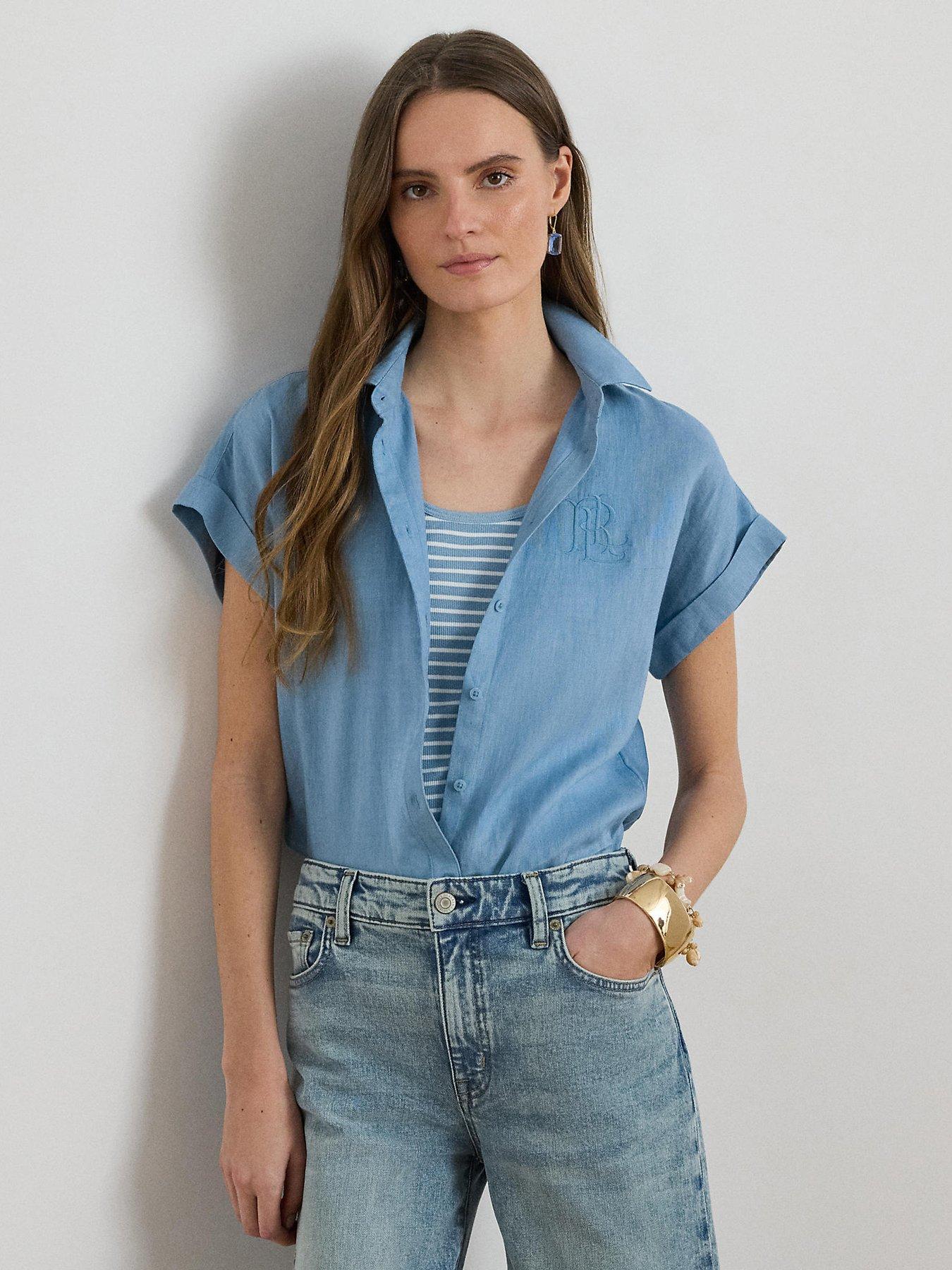 Lauren by Ralph Lauren Broono Short Sleeve Button Front Shirt - Blue