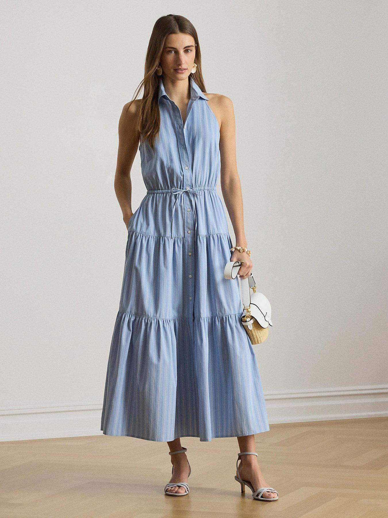 Lauren by Ralph Lauren Striped Sleeveless Tiered Midaxi Shirt Dress - Blue