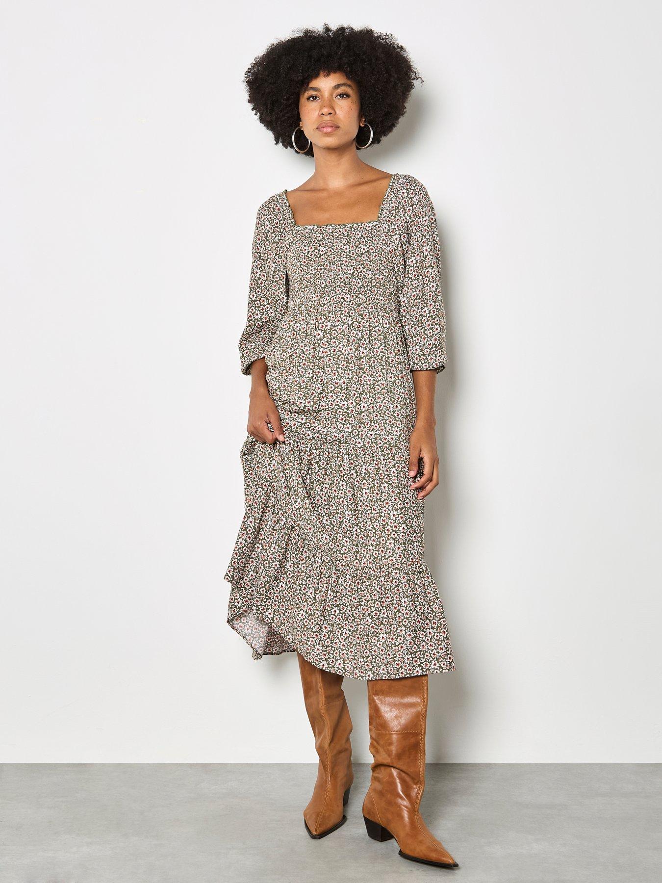 apricot-ditsy-floral-smocked-midi-dress