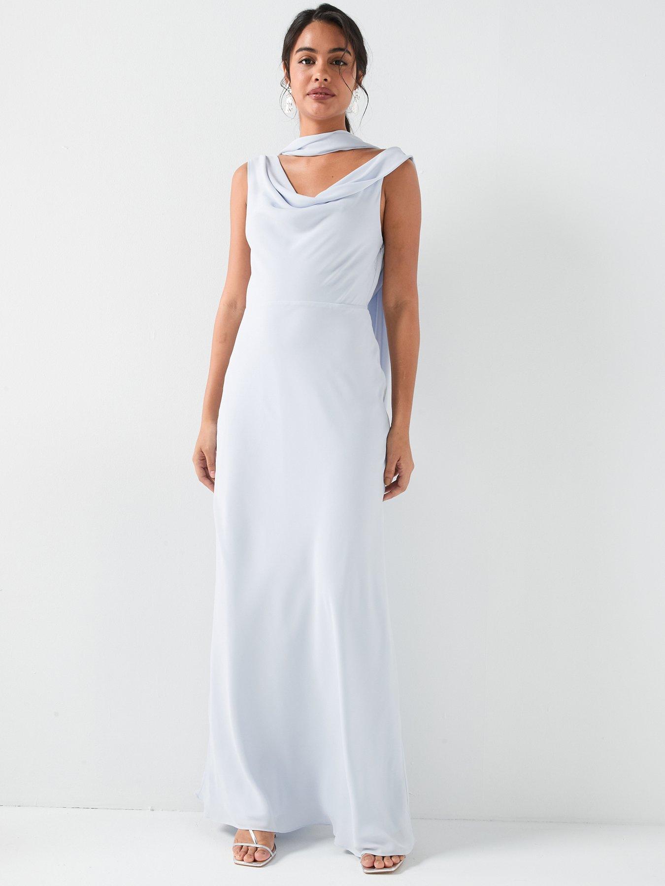 Six Stories Plunge Cowl Front Crepe Bridesmaid Dress With Neck Scarf - Blue