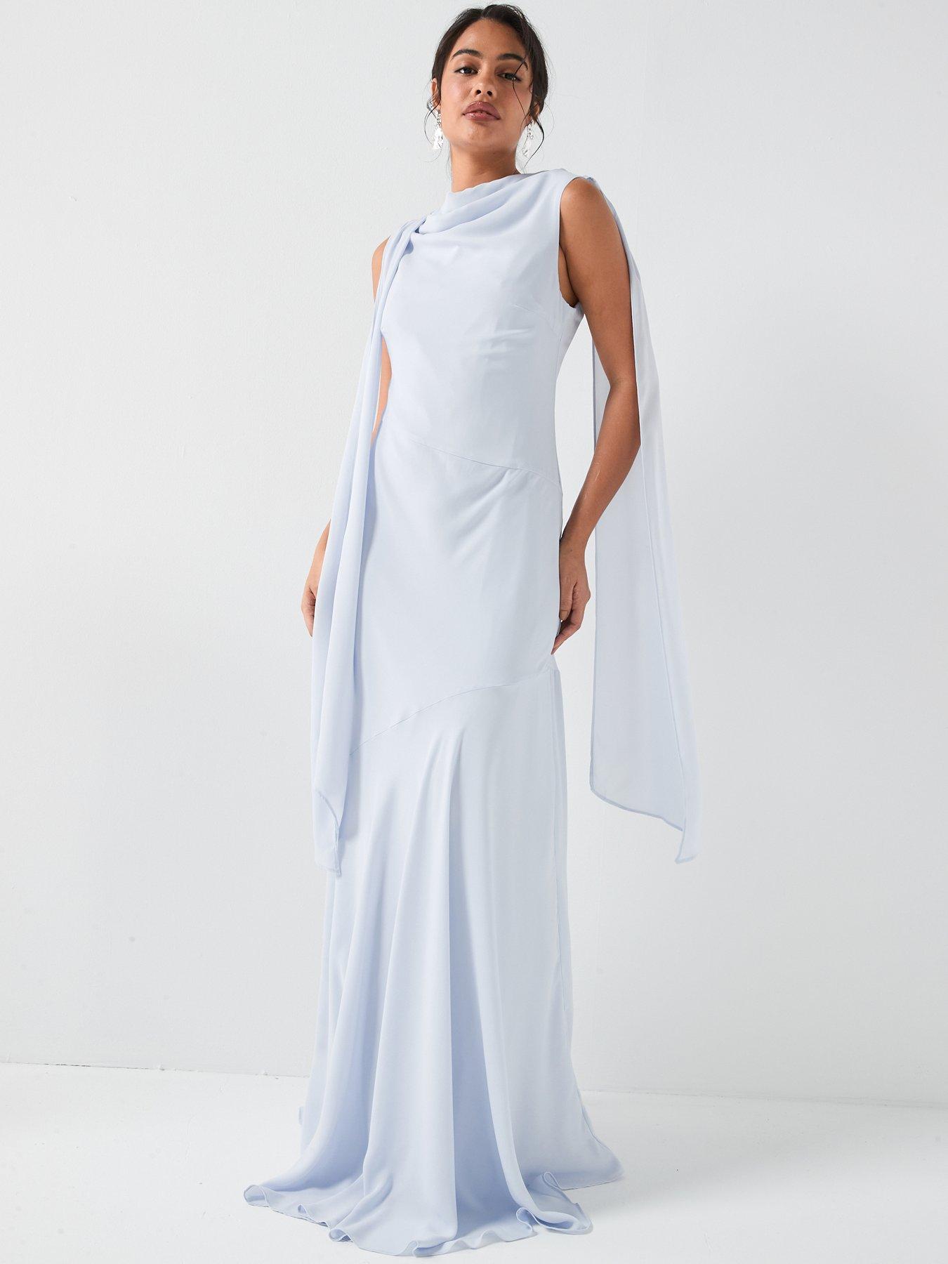 Six Stories High Cowl Neck Drape Crepe Bridesmaid Dress - Blue