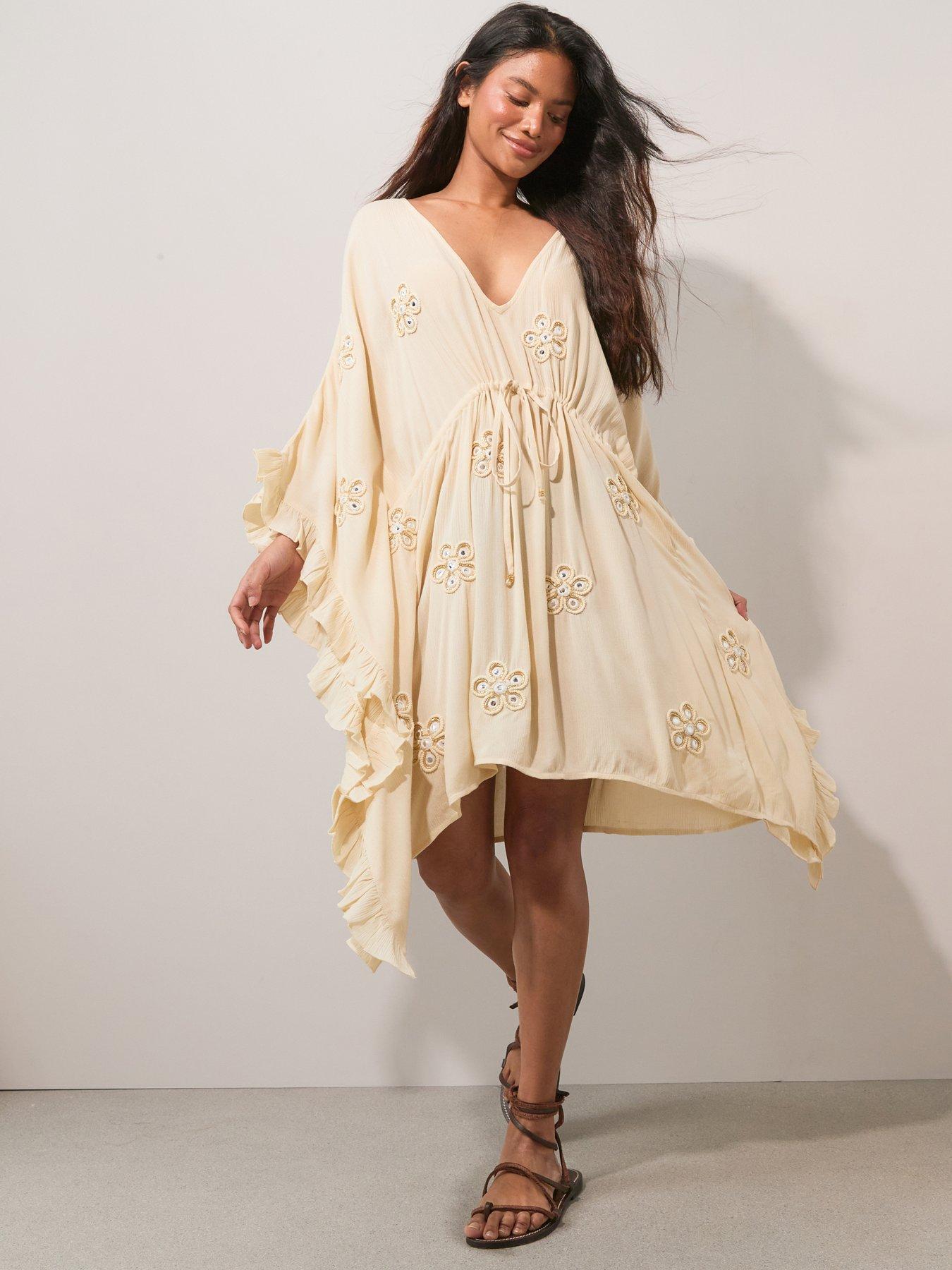 The Very Collection Embroidered Loose V-Neck Kaftan - Cream