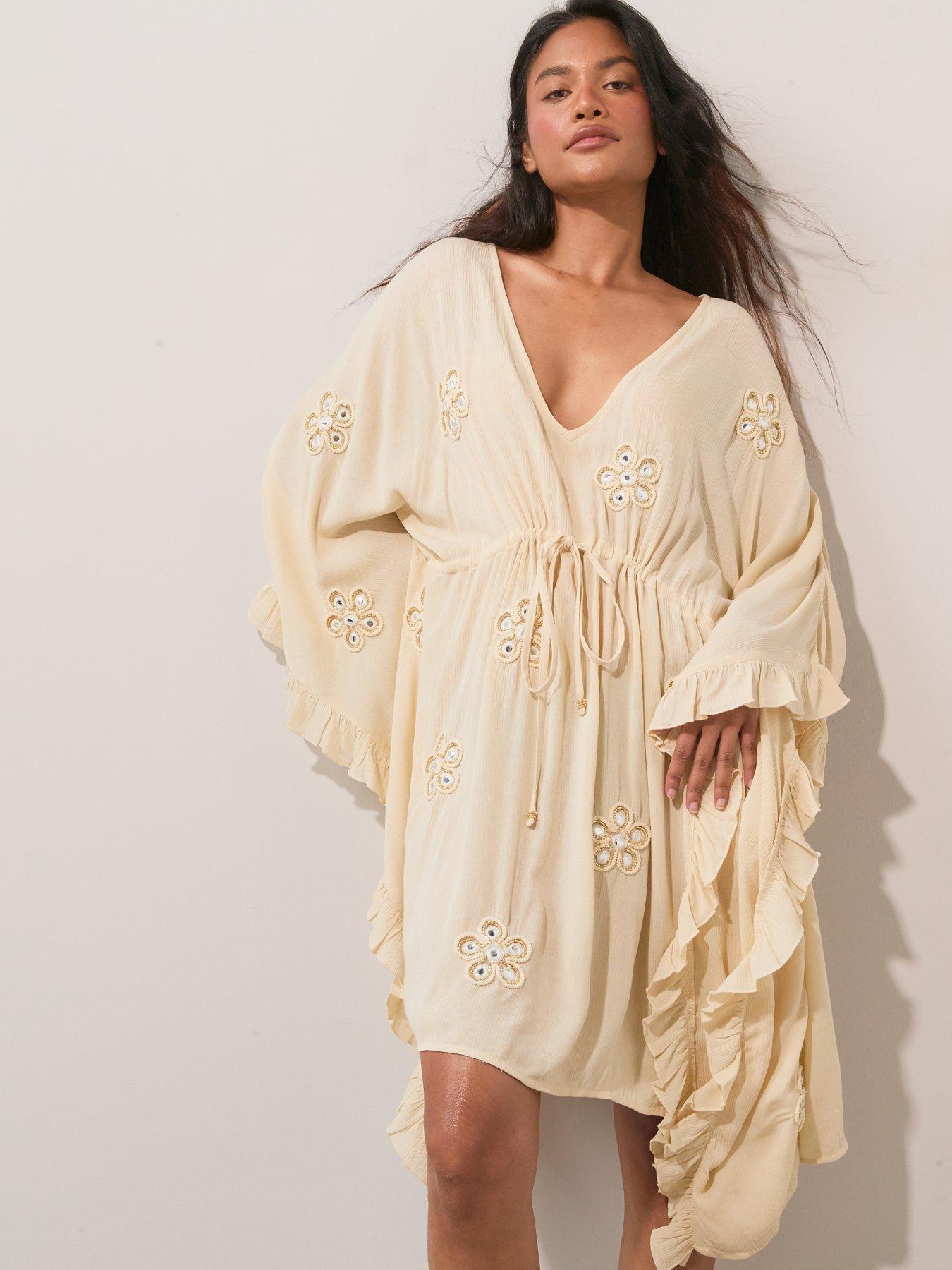 Image 3 of 6 of The Very Collection Embroidered Loose V-Neck Kaftan - Cream