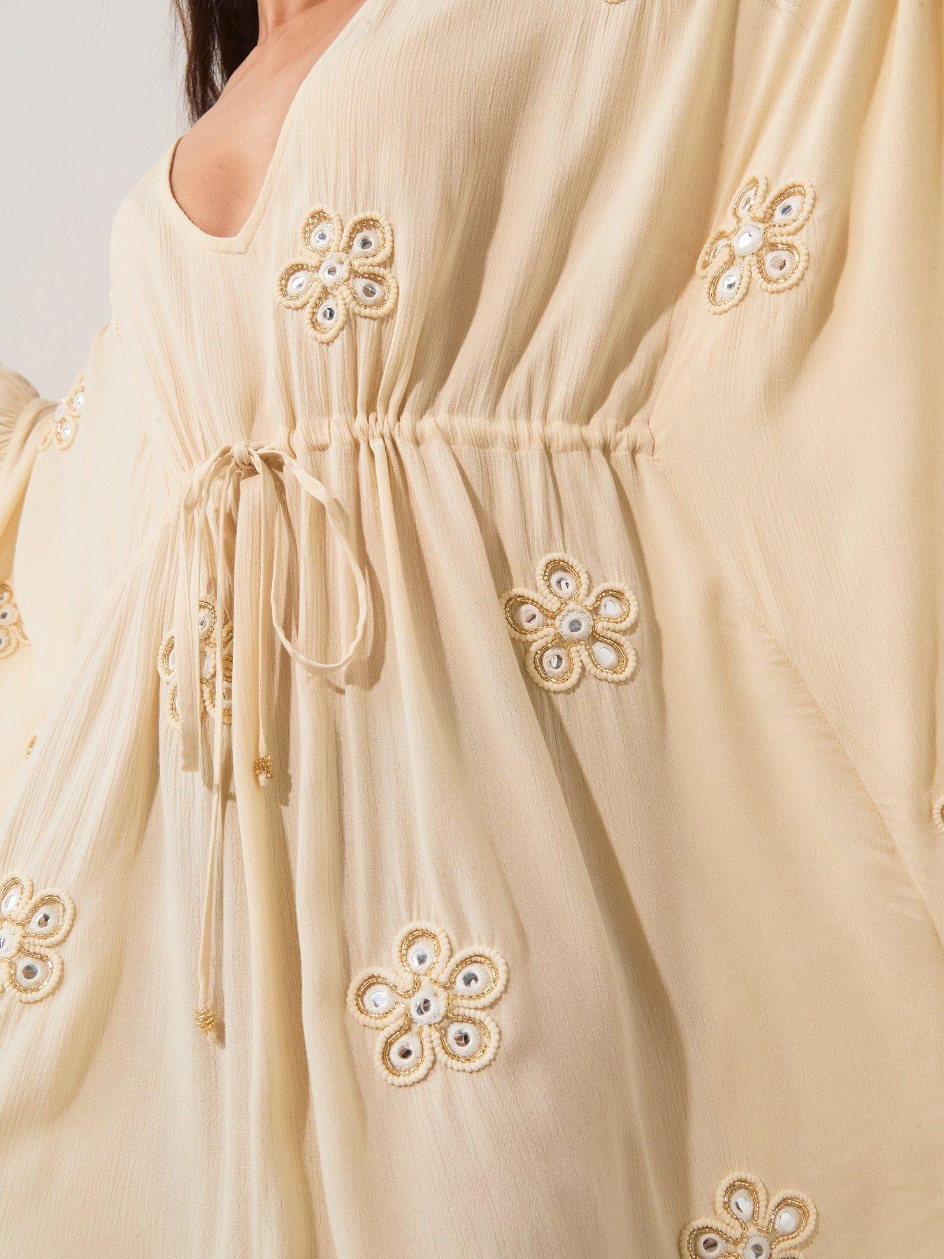 Image 4 of 6 of The Very Collection Embroidered Loose V-Neck Kaftan - Cream