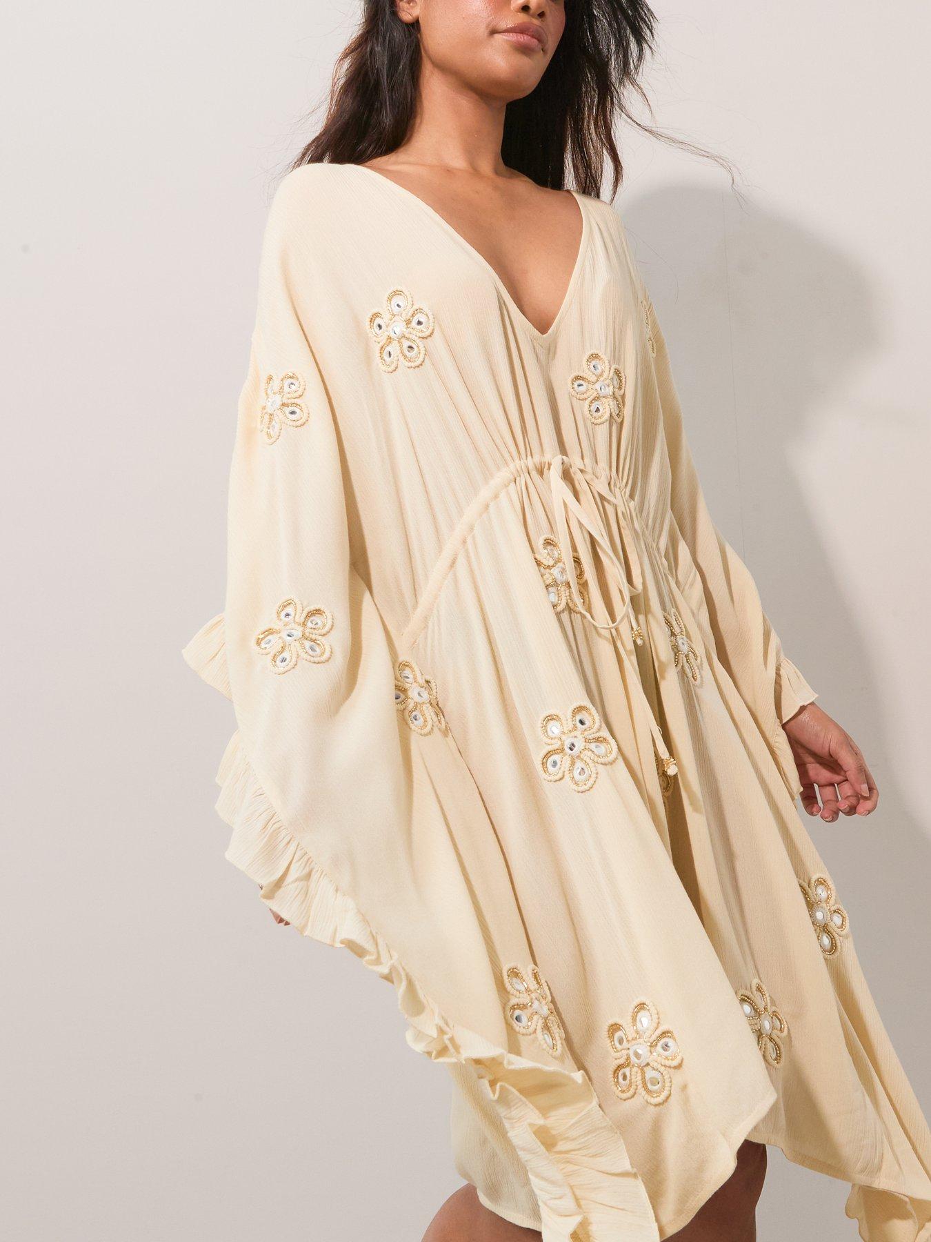 Image 5 of 6 of The Very Collection Embroidered Loose V-Neck Kaftan - Cream