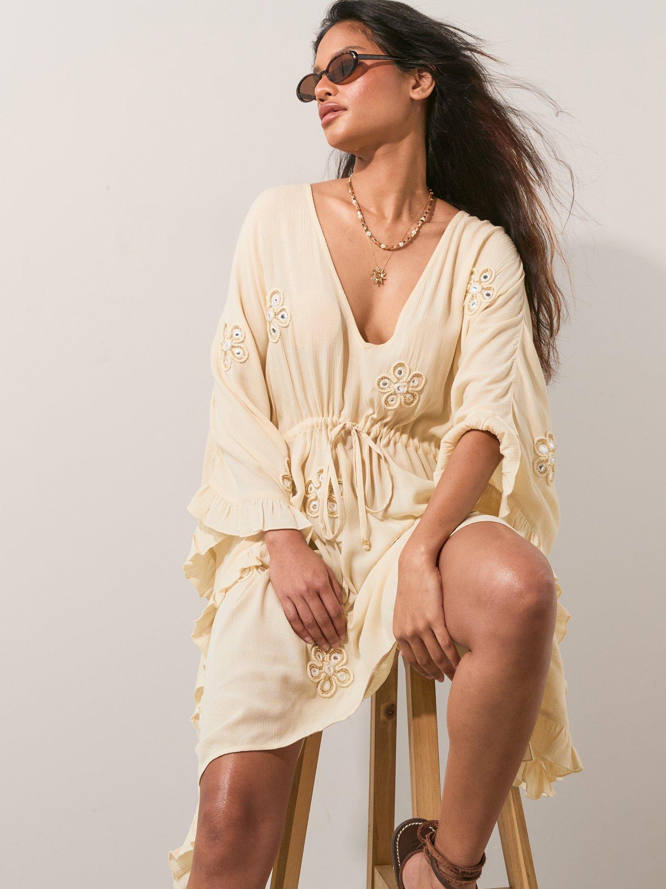 Image 6 of 6 of The Very Collection Embroidered Loose V-Neck Kaftan - Cream