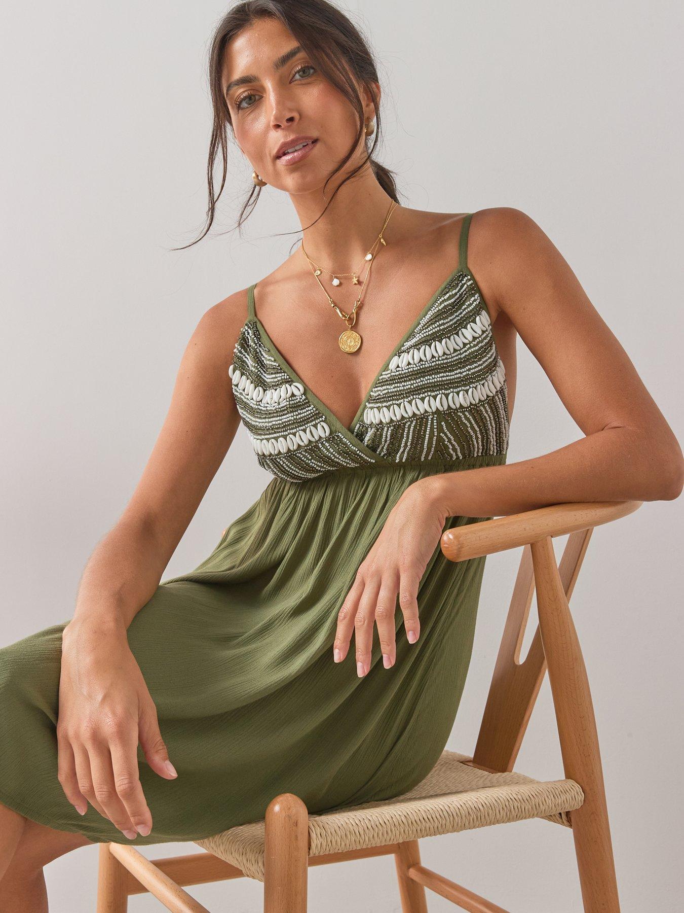 Image 4 of 7 of The Very Collection Shell Embellished Mini Dress - Khaki