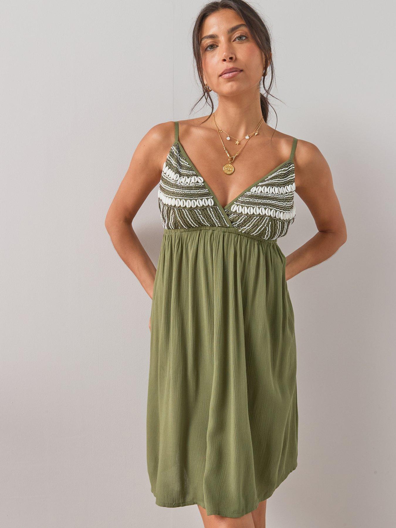 Image 5 of 7 of The Very Collection Shell Embellished Mini Dress - Khaki