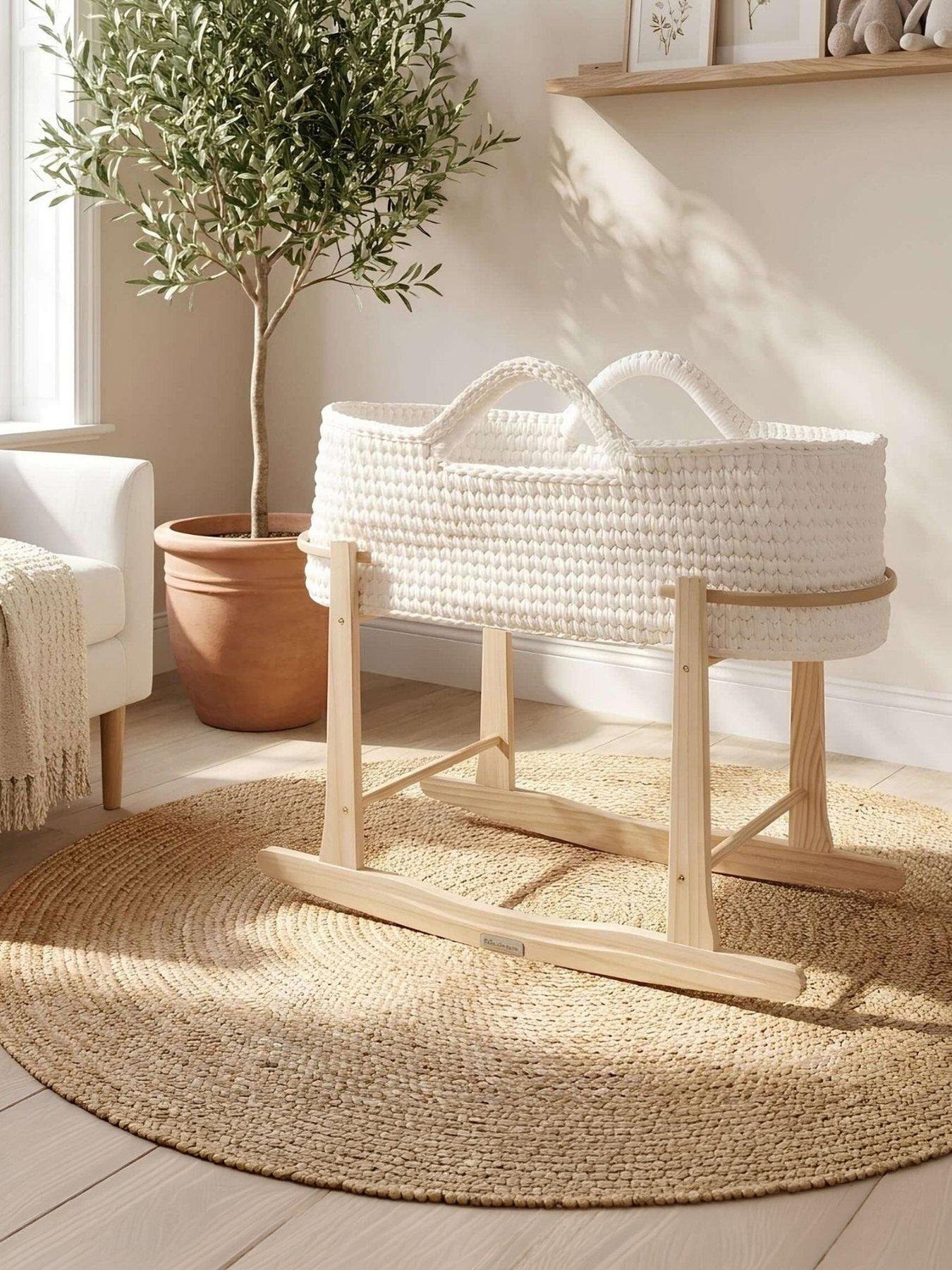 Clair De Lune Crochet Moses Basket with Natural Rocking Stand - White