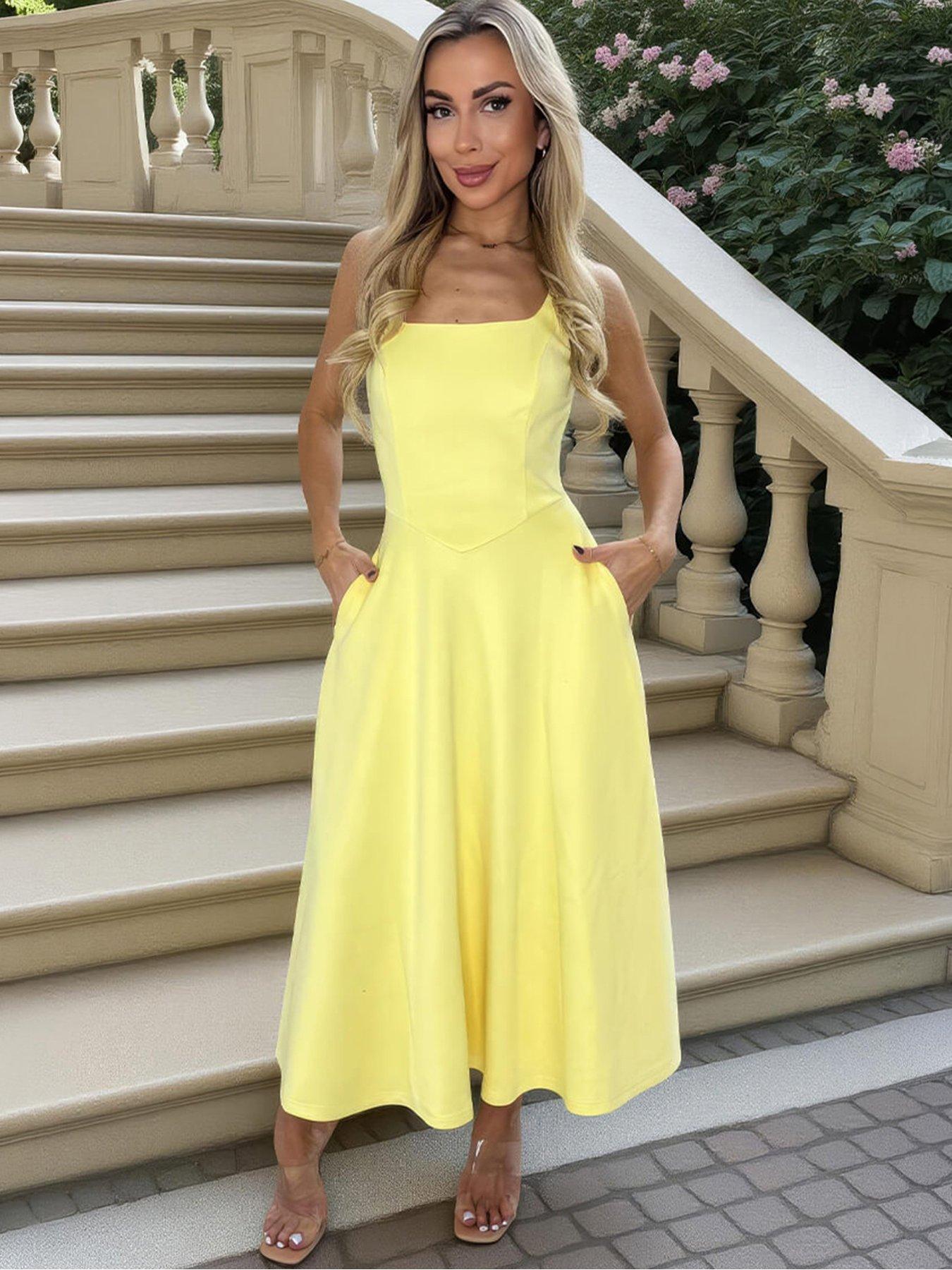 AX Paris Square Neck A-Line Midi Dress - Yellow | Littlewoods