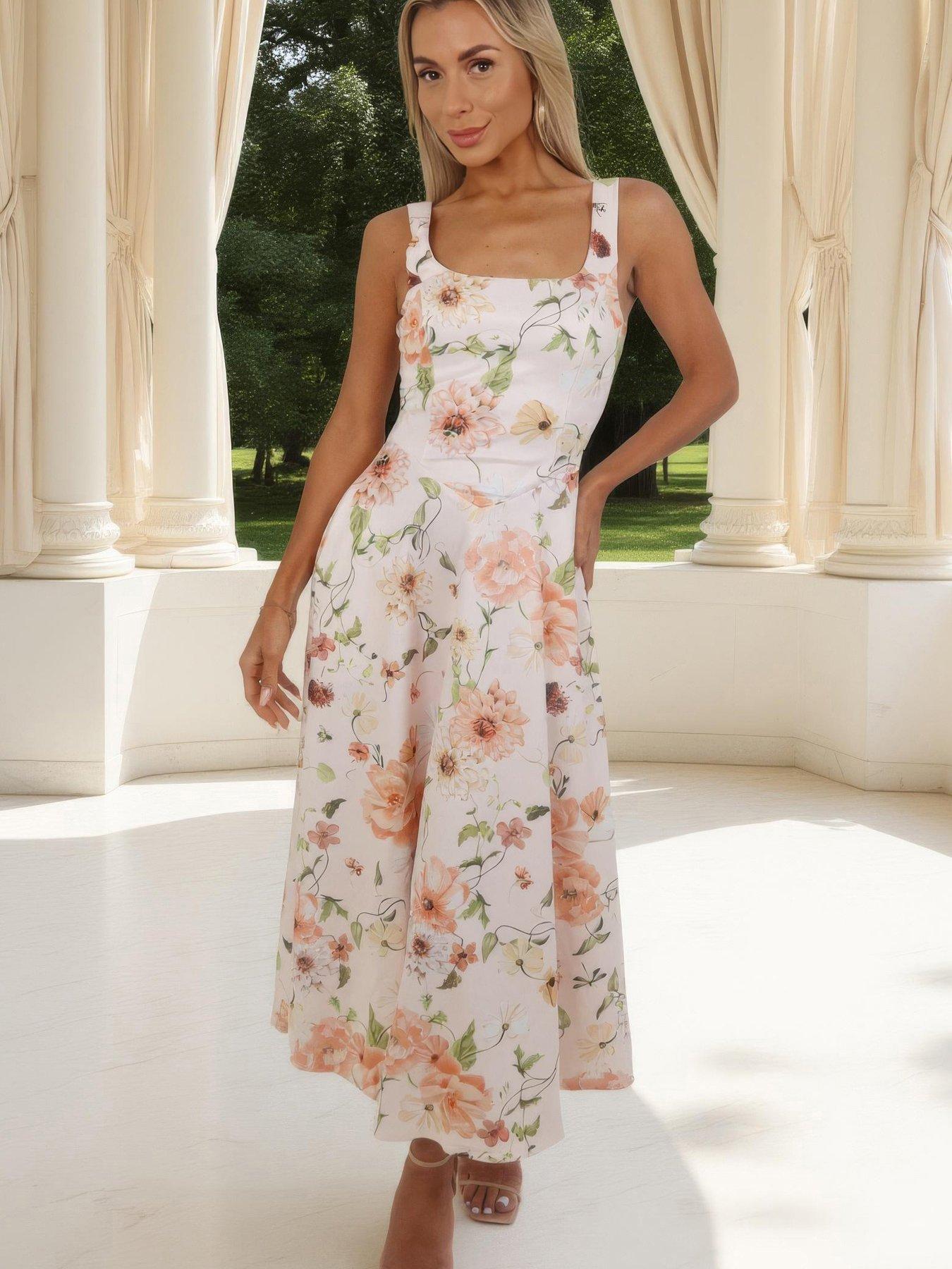 AX Paris Floral Print Square Neck A-Line Midi Dress - Multi