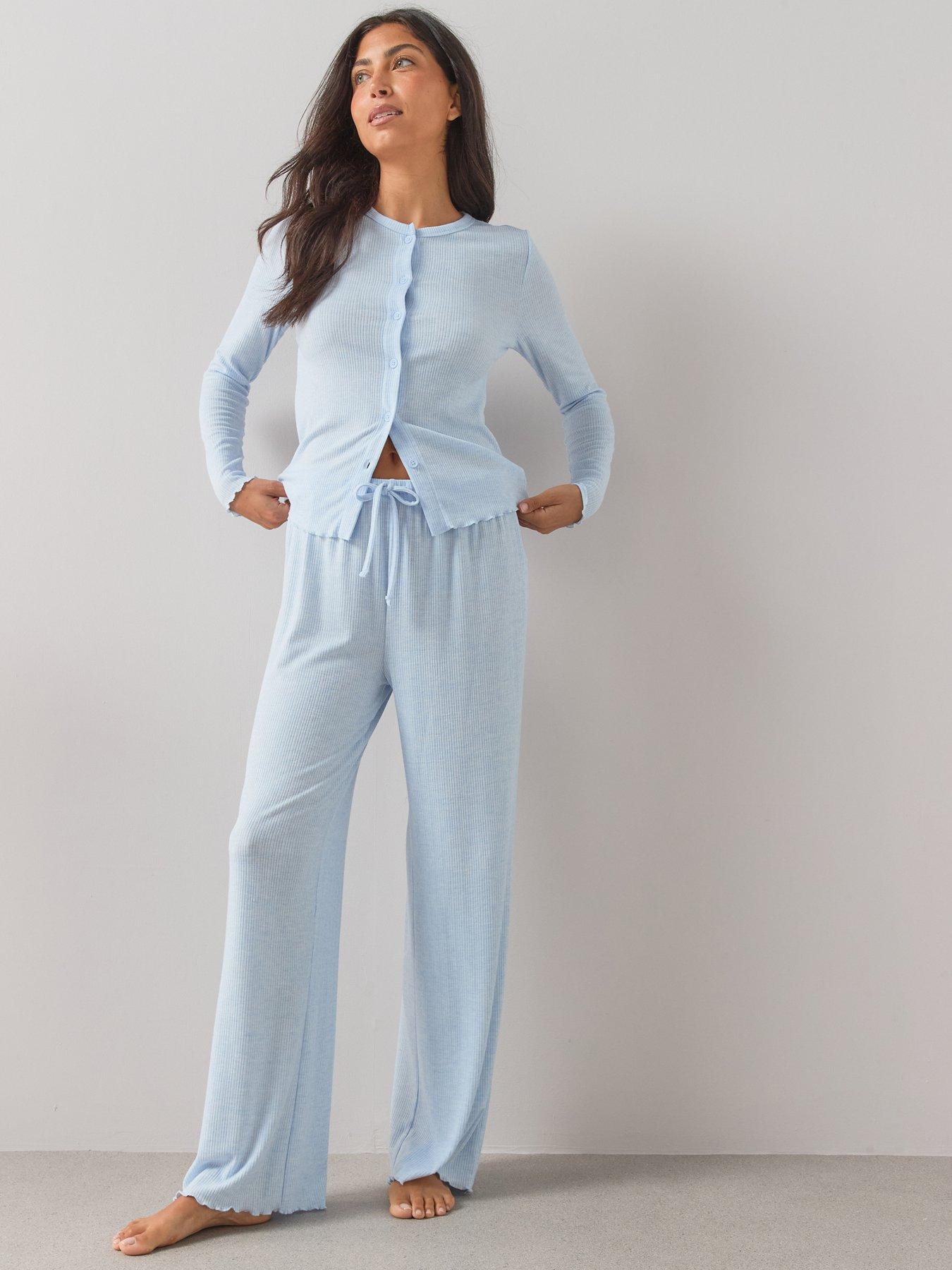 The Very Collection Soft Touch Button Up Top And Wide Leg Pyjama Set - Blue